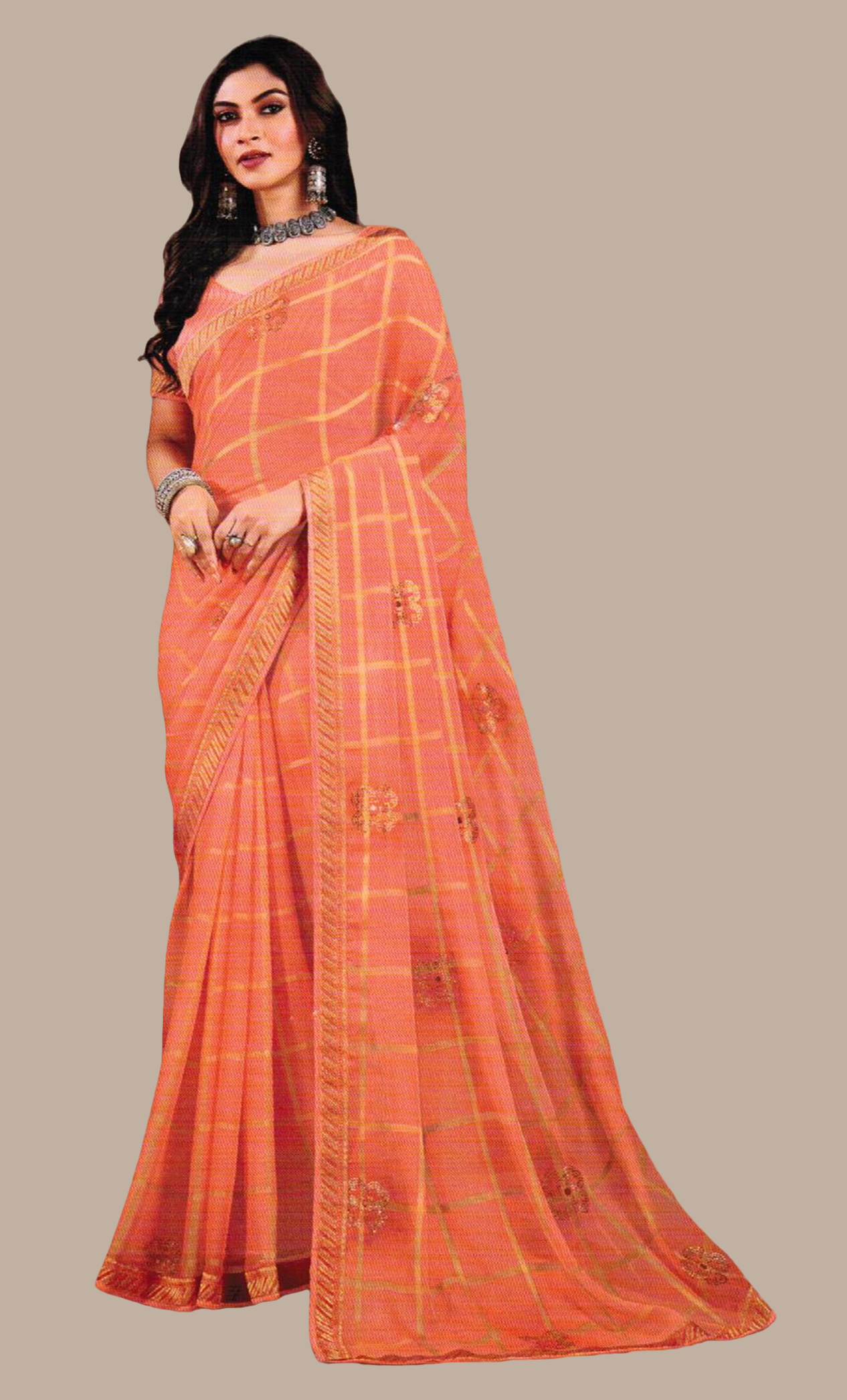 Soft Orange Embroidered Sari