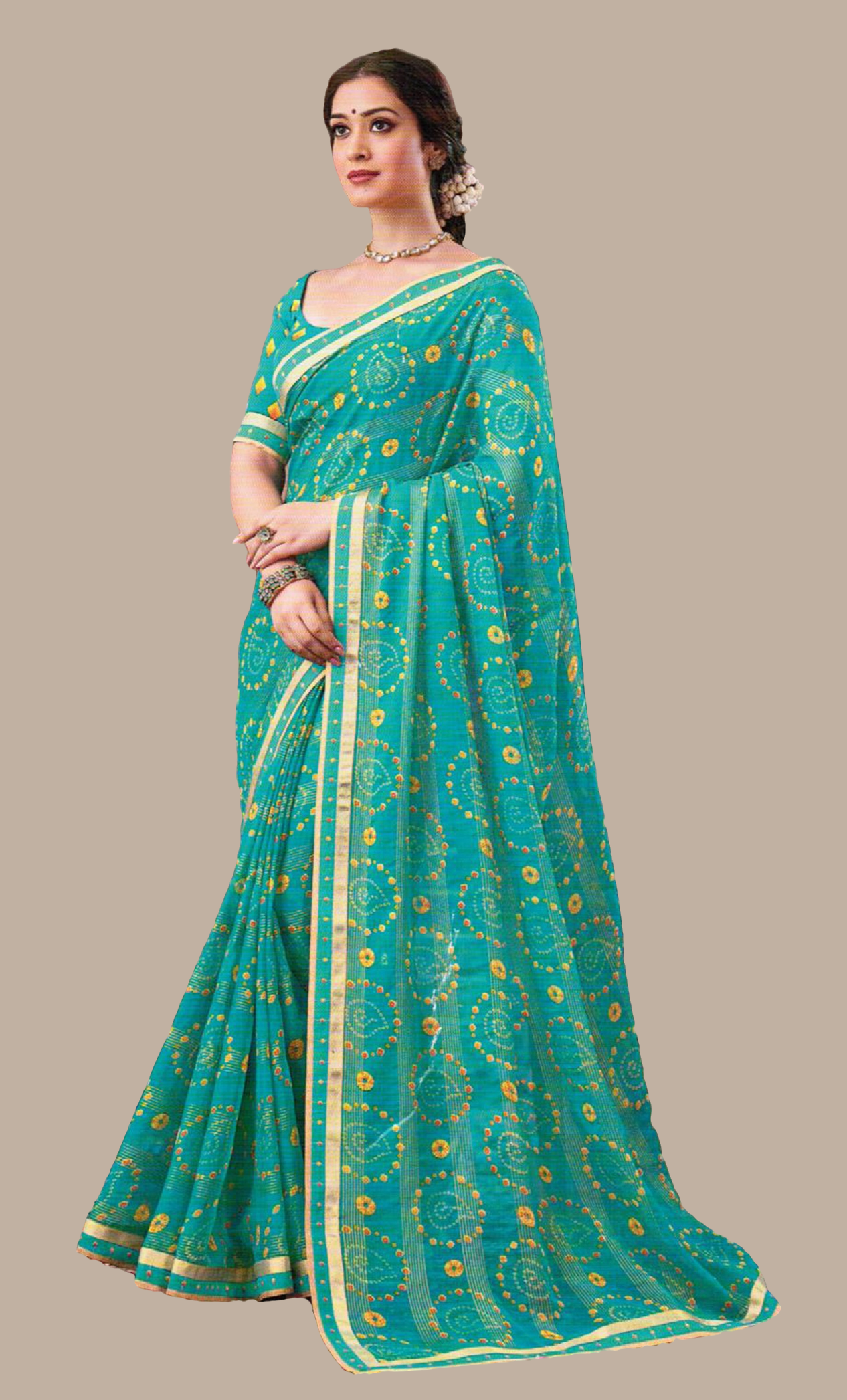 Turquoise Bandhani Printed Sari