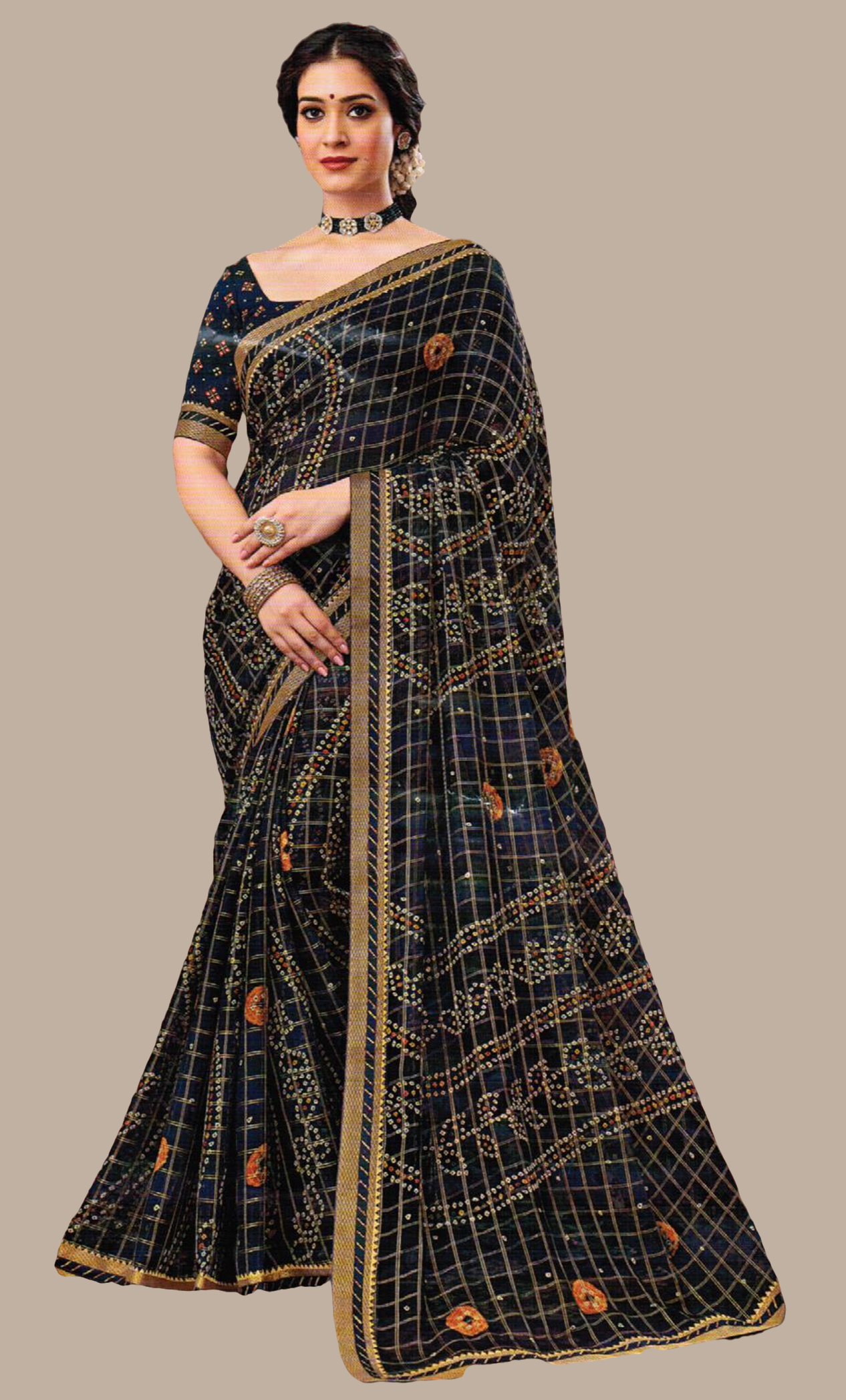 Midnight Blue Bandhani Printed Sari
