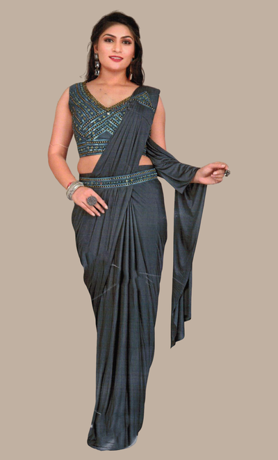 Deep Grey Ready Sari With Ready Made Blouse