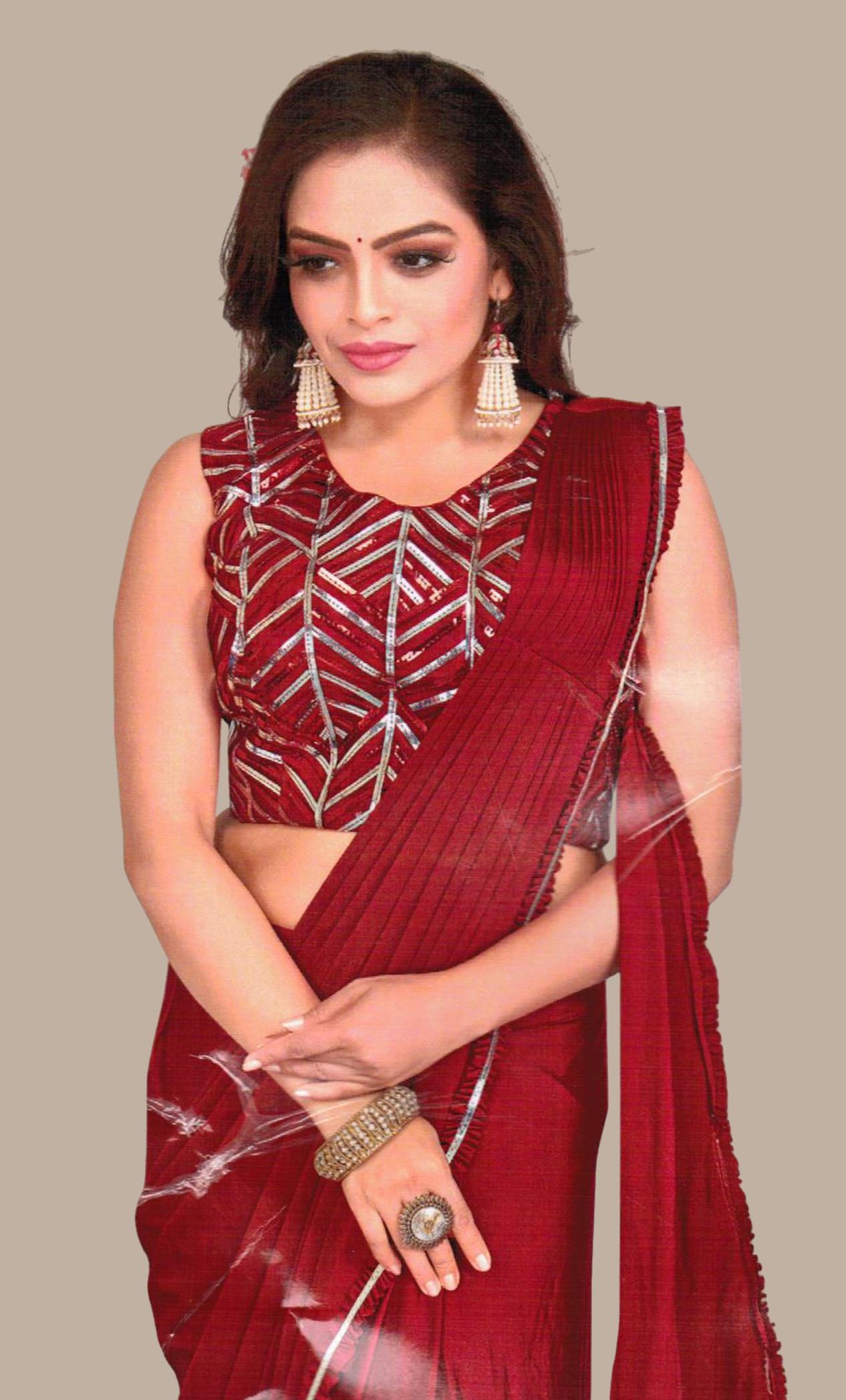 Deep Rose Red Ready Sari With Ready Made Blouse