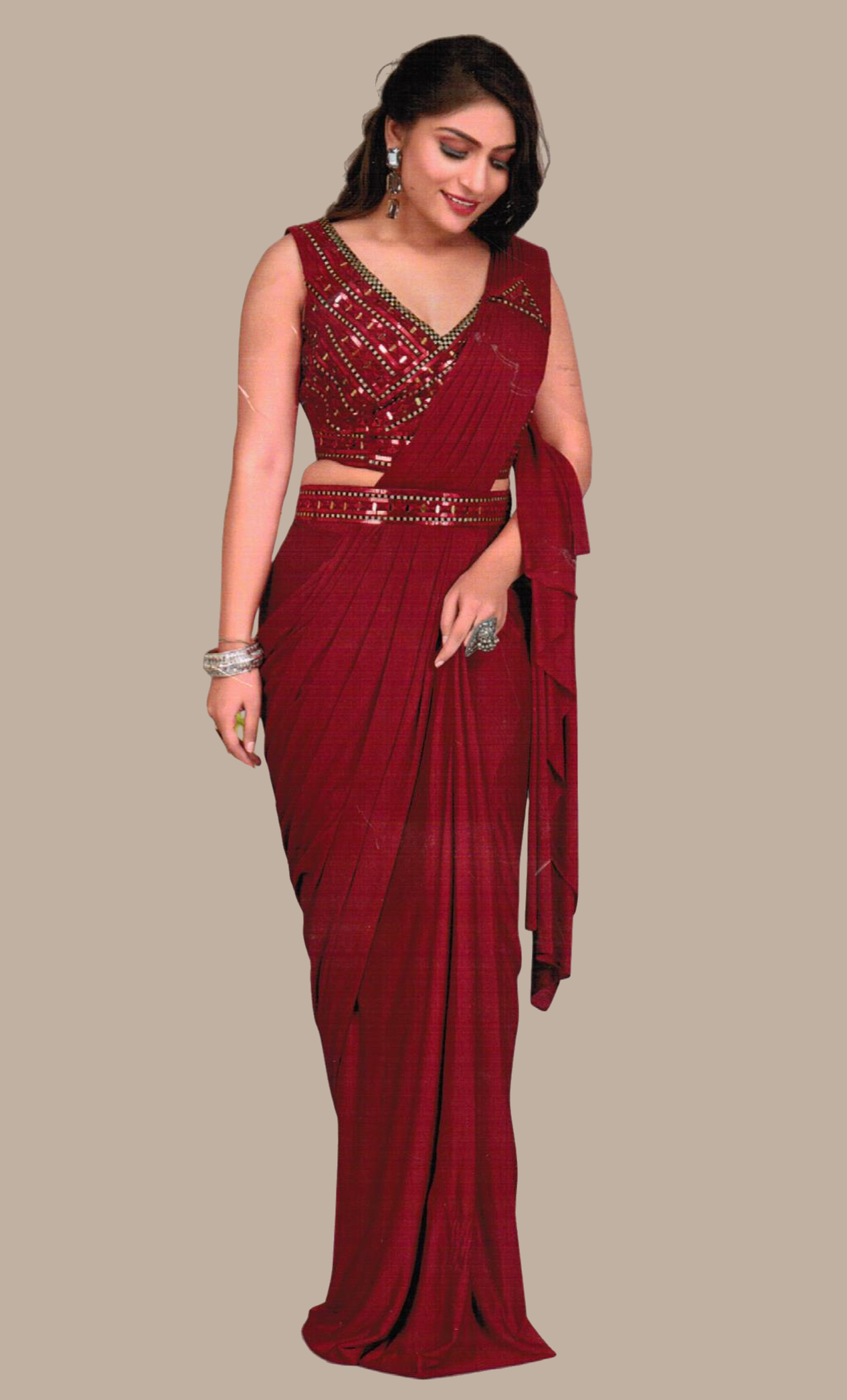 Deep Red Ready Sari With Ready Made Blouse