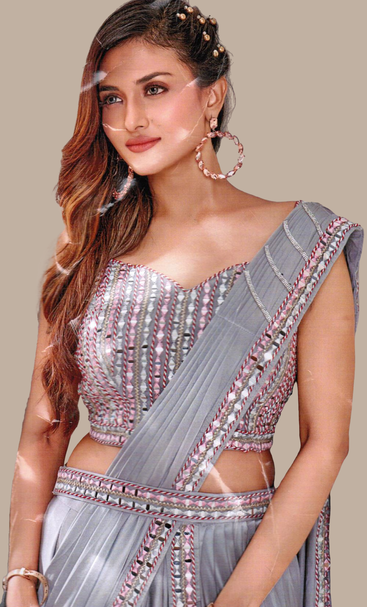 Soft Grey Ready Sari With Ready Made Blouse