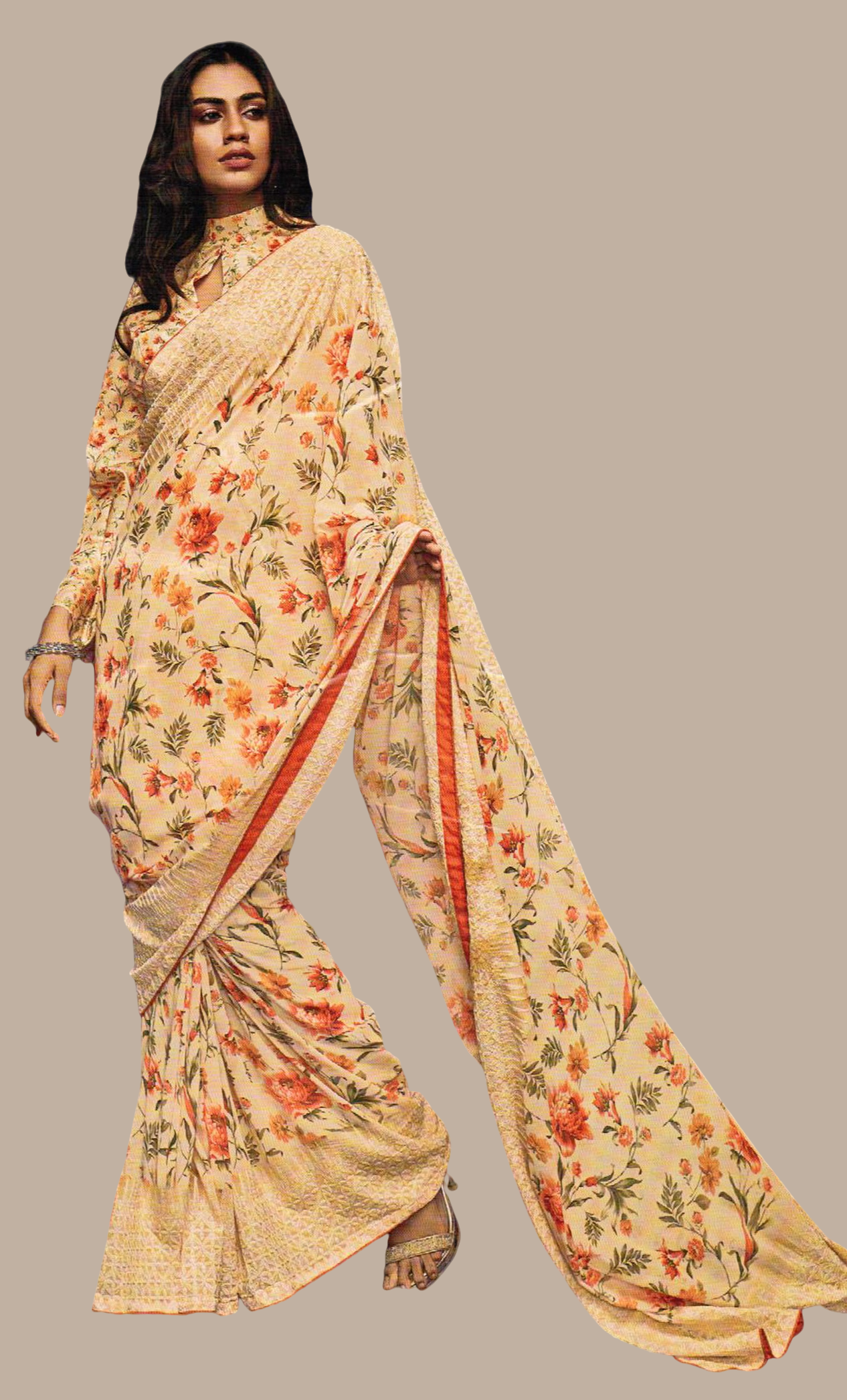 Deep Biscuit Floral Printed Sari