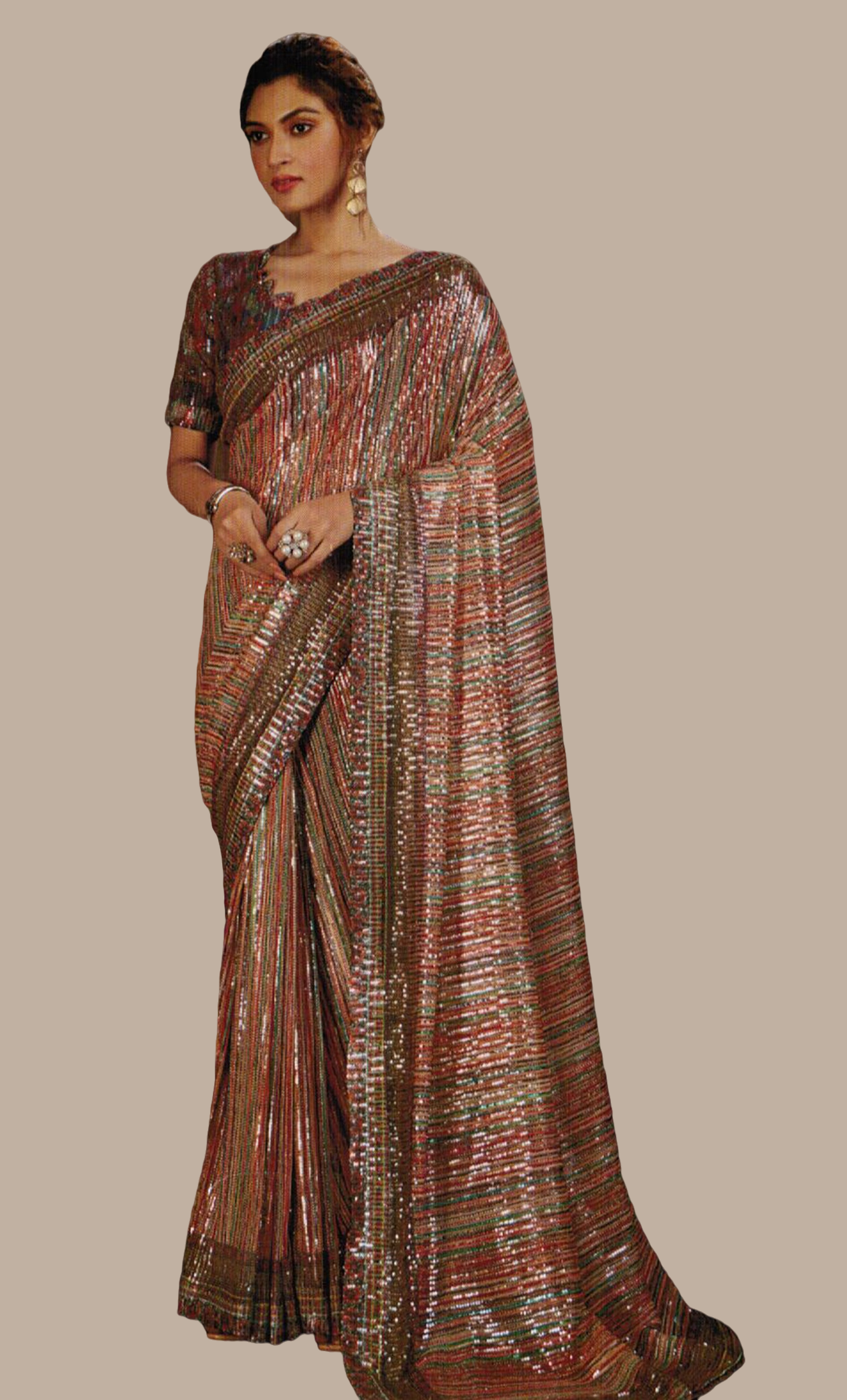 Bronze Printed Sari With Embroidered Sequin