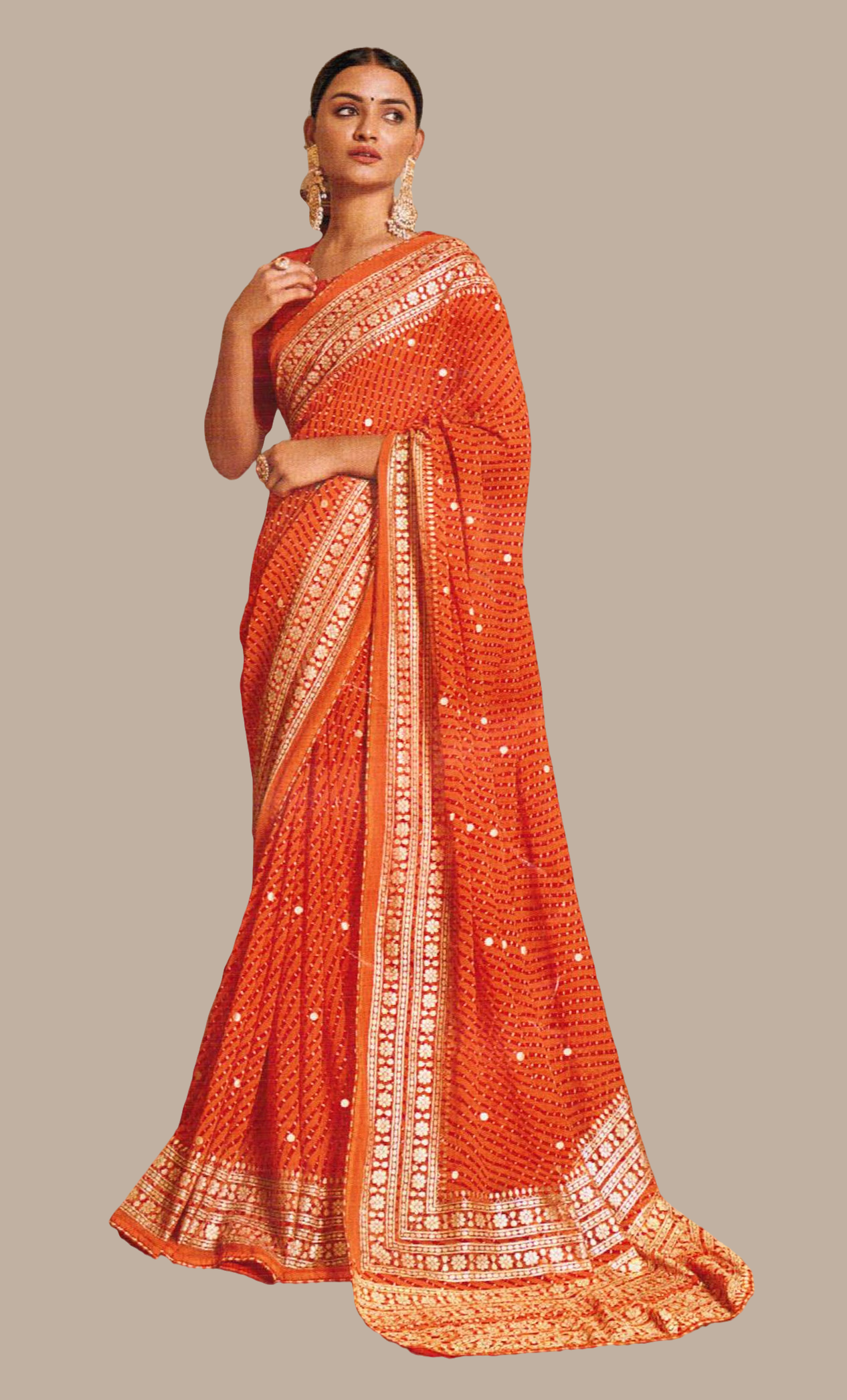 Deep Orange Printed Sari