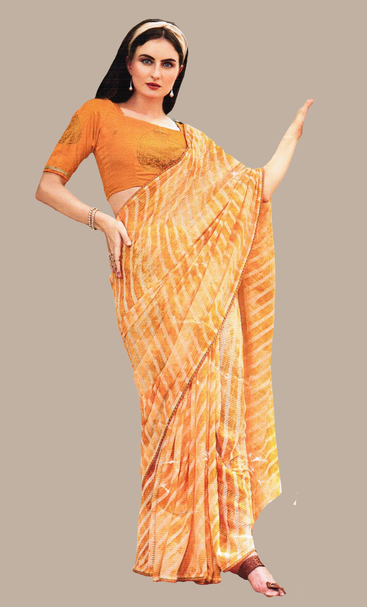 Deep Yellow Striped Printed Sari