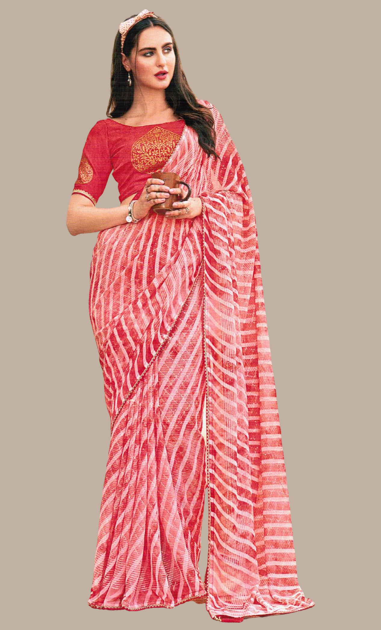 Coral Striped Printed Sari