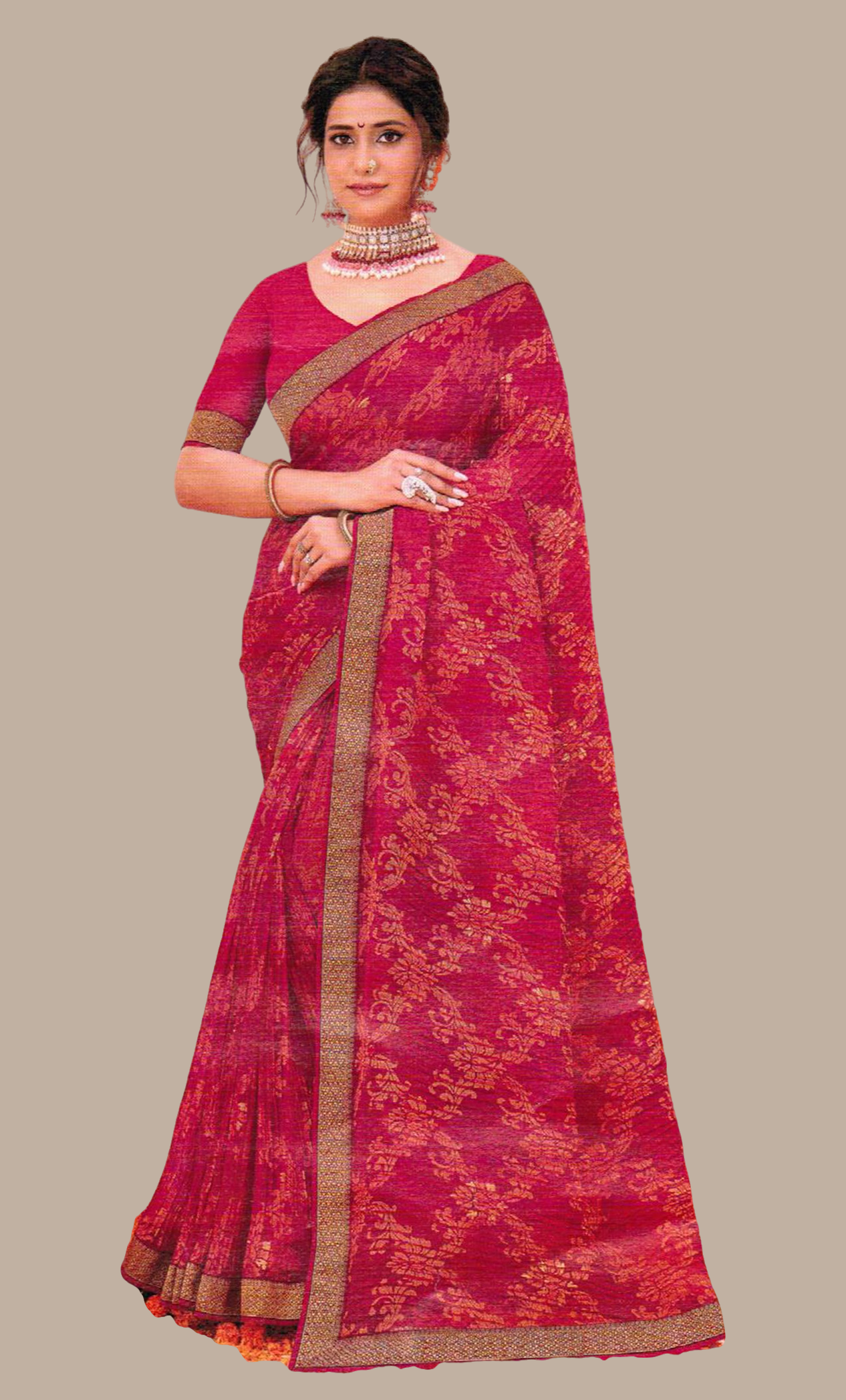 Deep Cerise Embroidered Sari