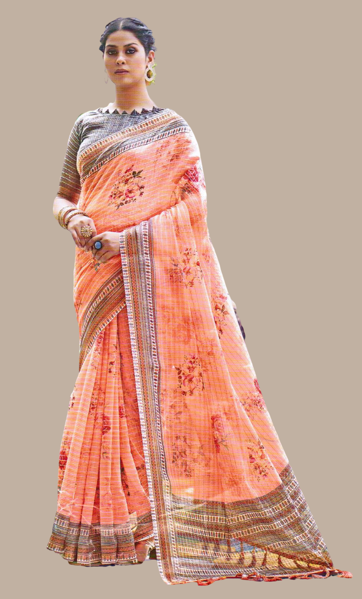 Peach Printed Cotton Sari