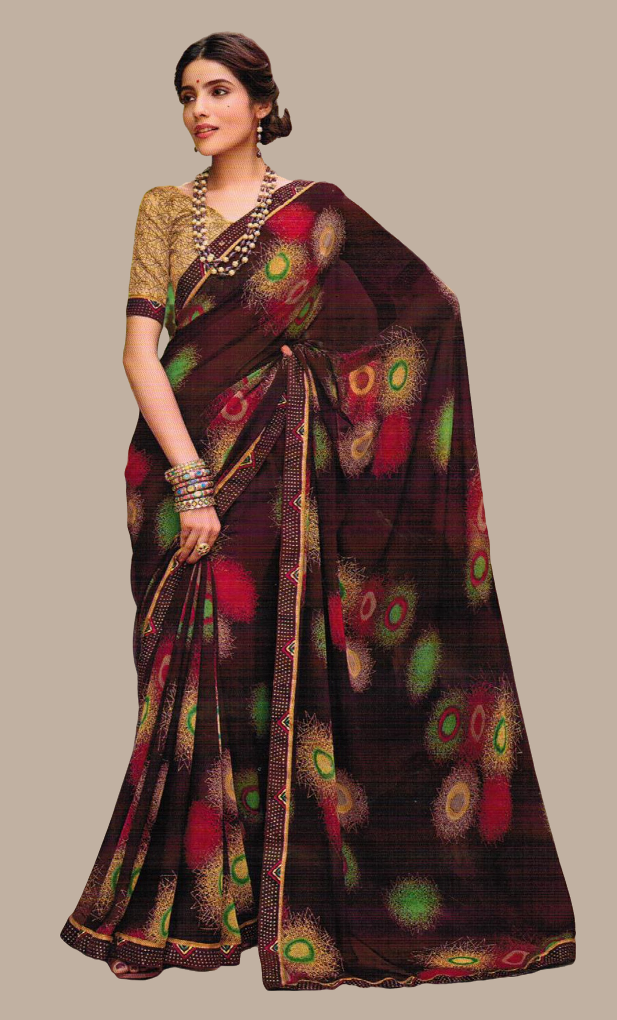 Deep Brown Printed Sari
