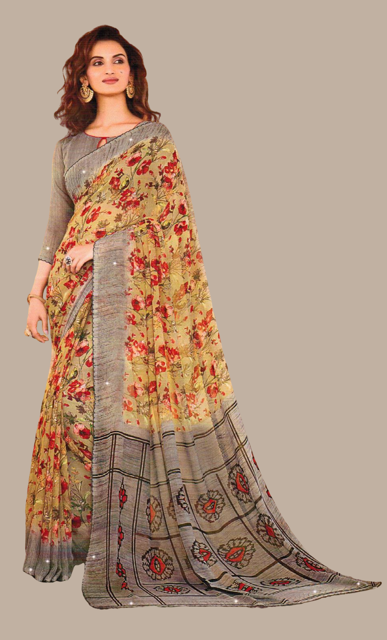 Deep Beige Printed Sari