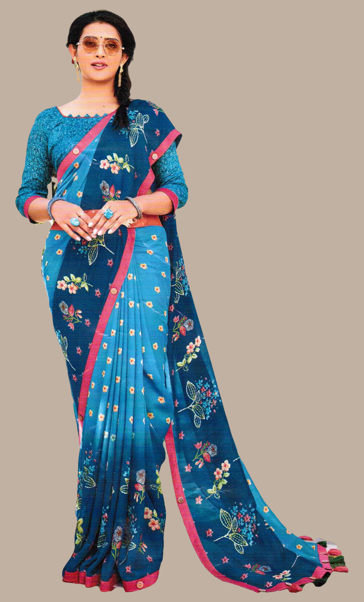 Deep Sky Blue Printed Sari