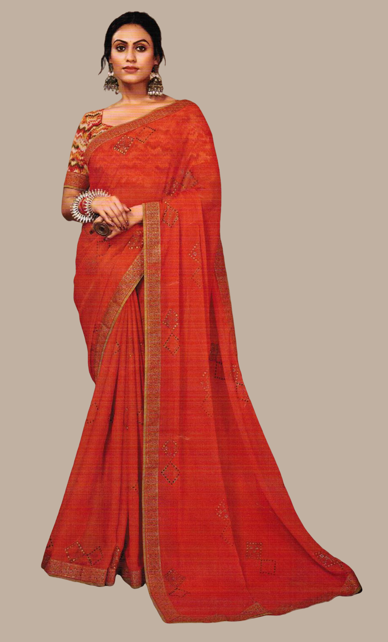 Deep Orange Embroidered Sari