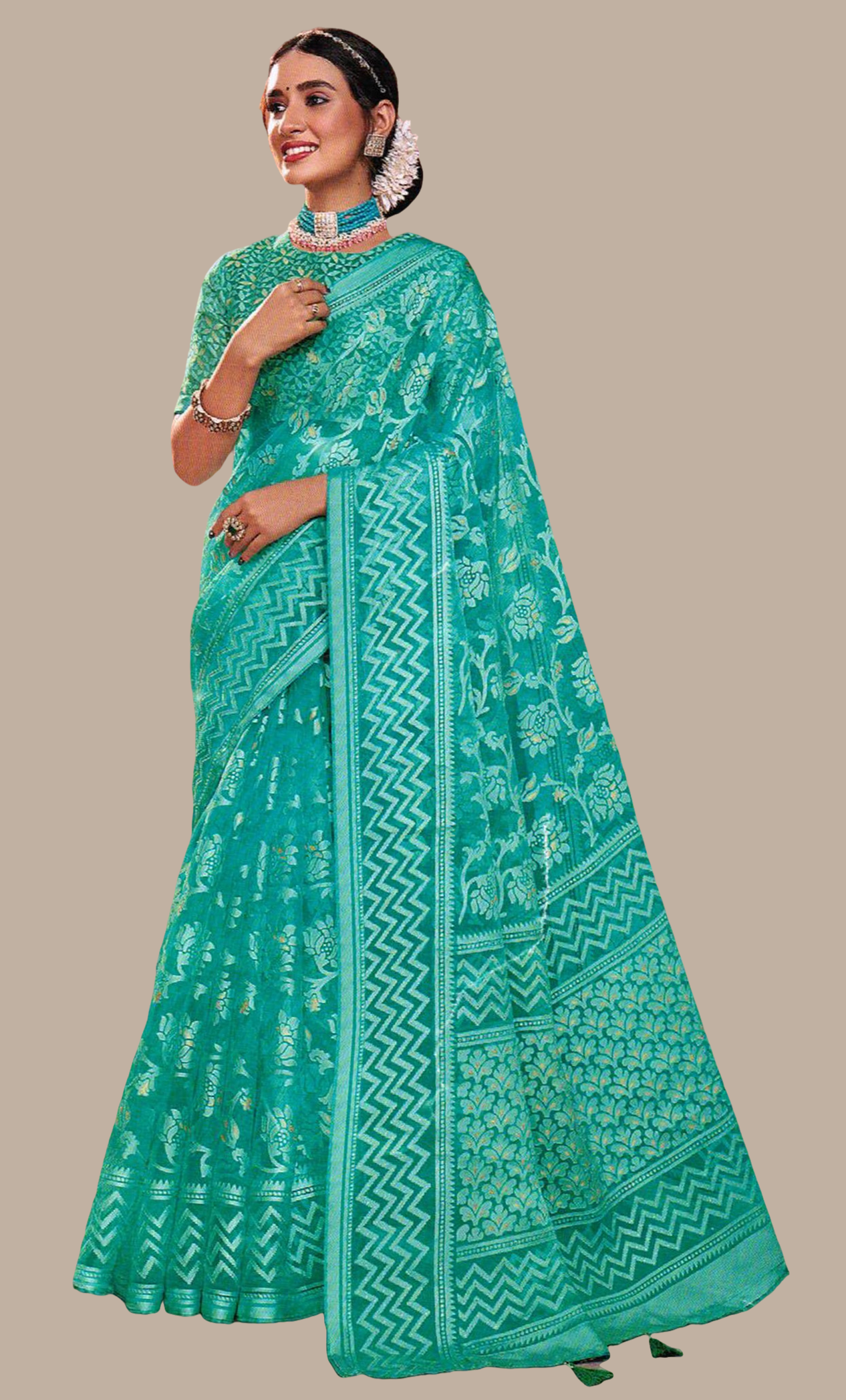 Aqua Green Printed Sari