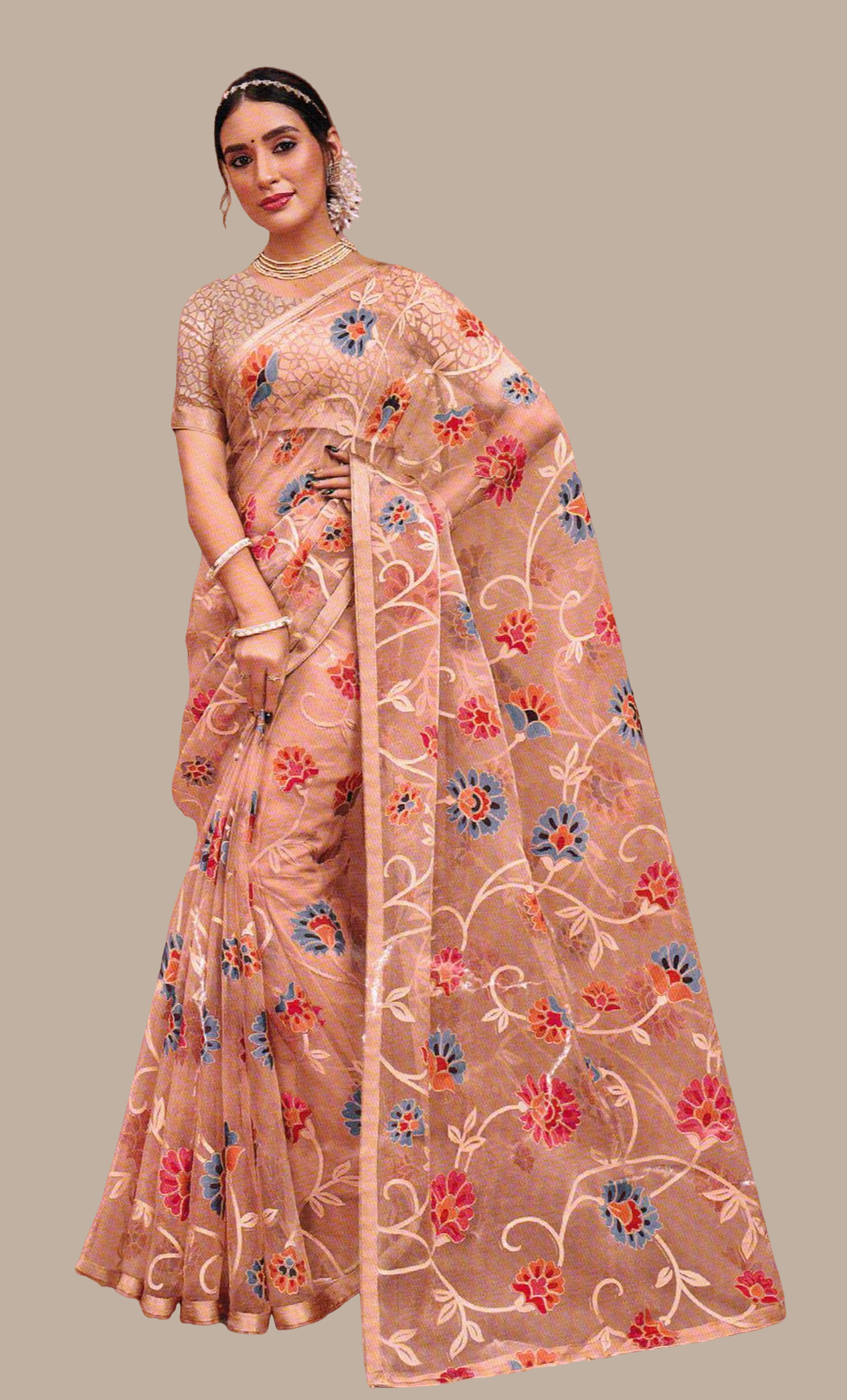 Shimmer Biscuit Printed Sari