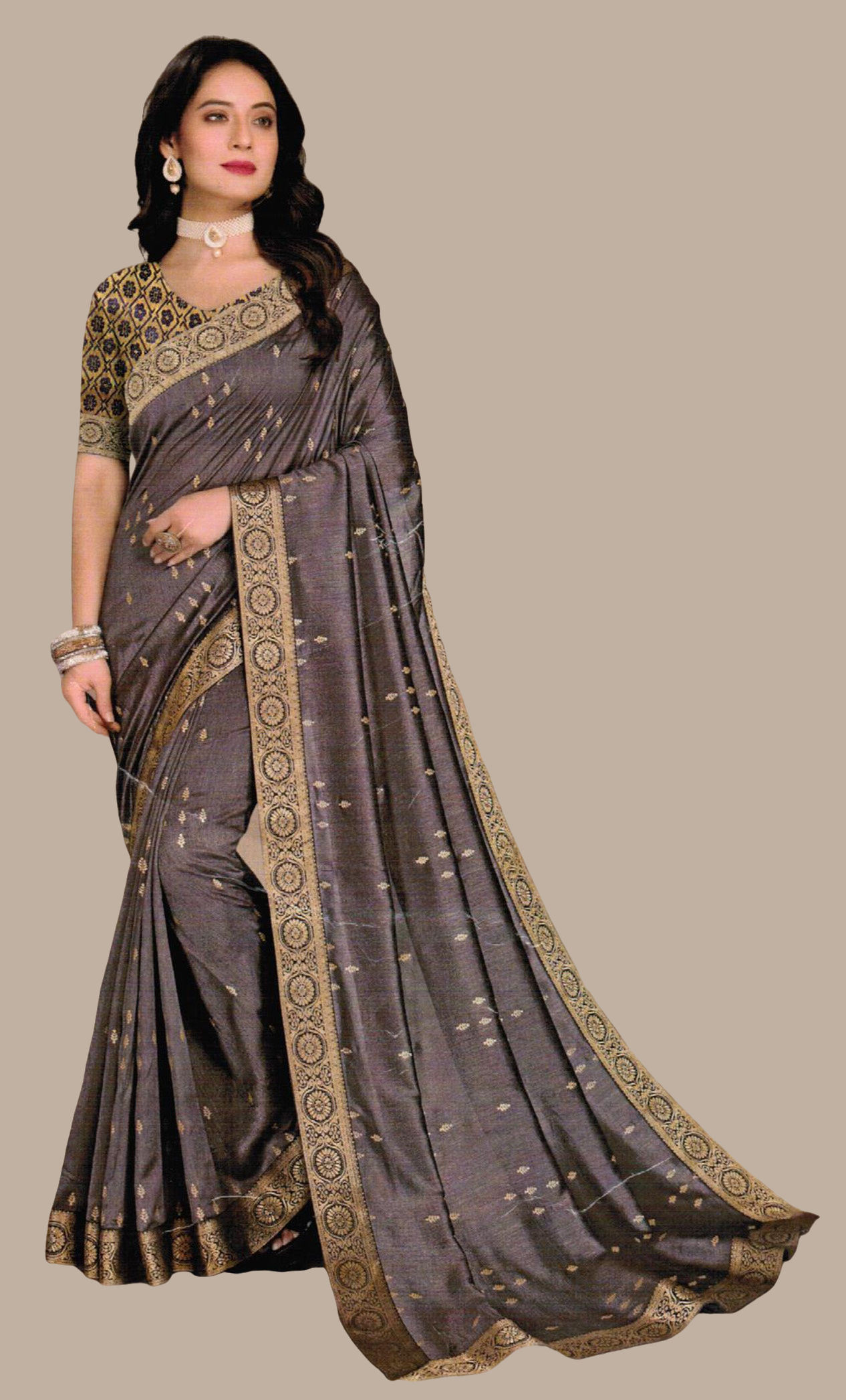 Dark Grey Embroidered Sari