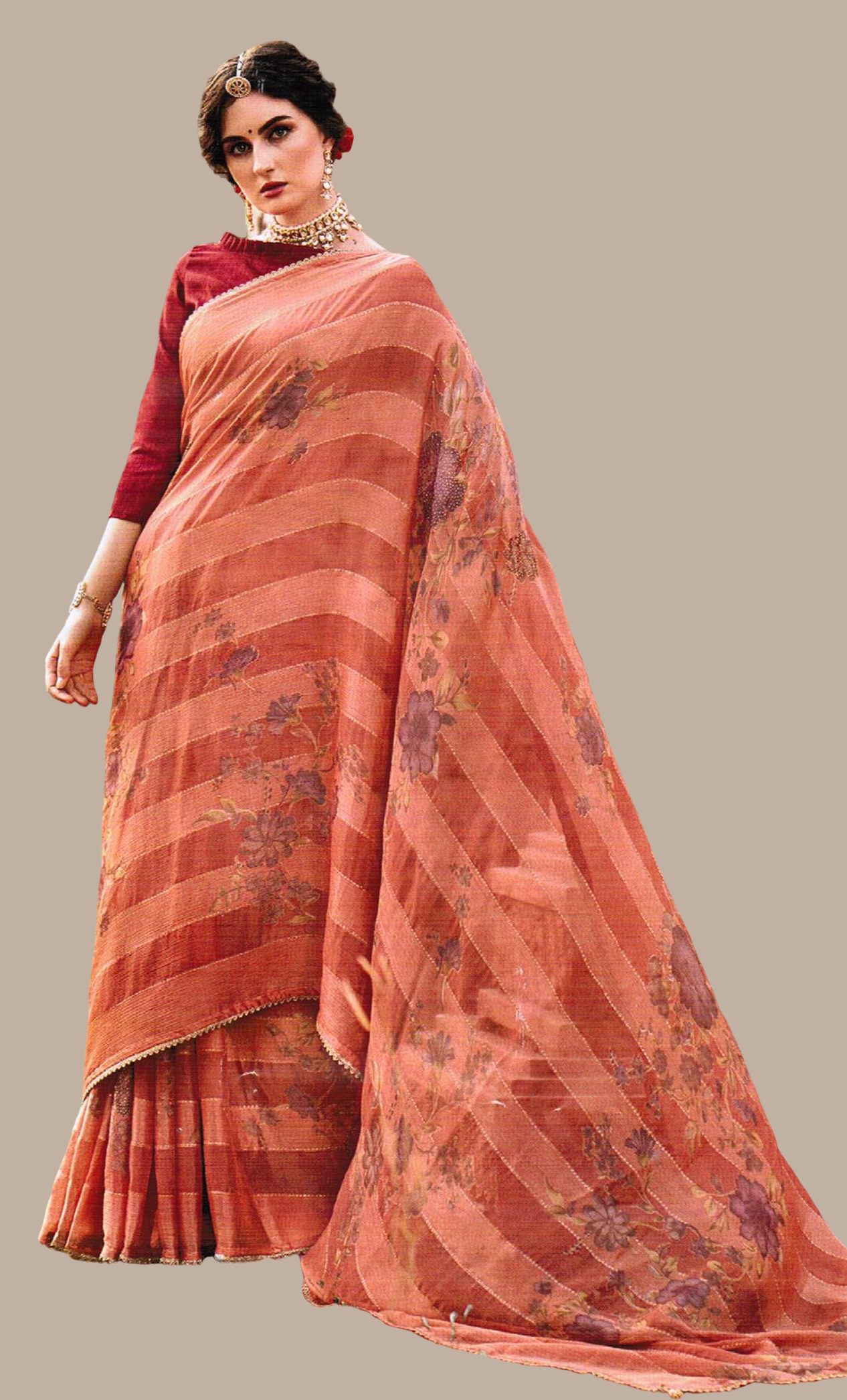 Deep Peach Embroidered Sari