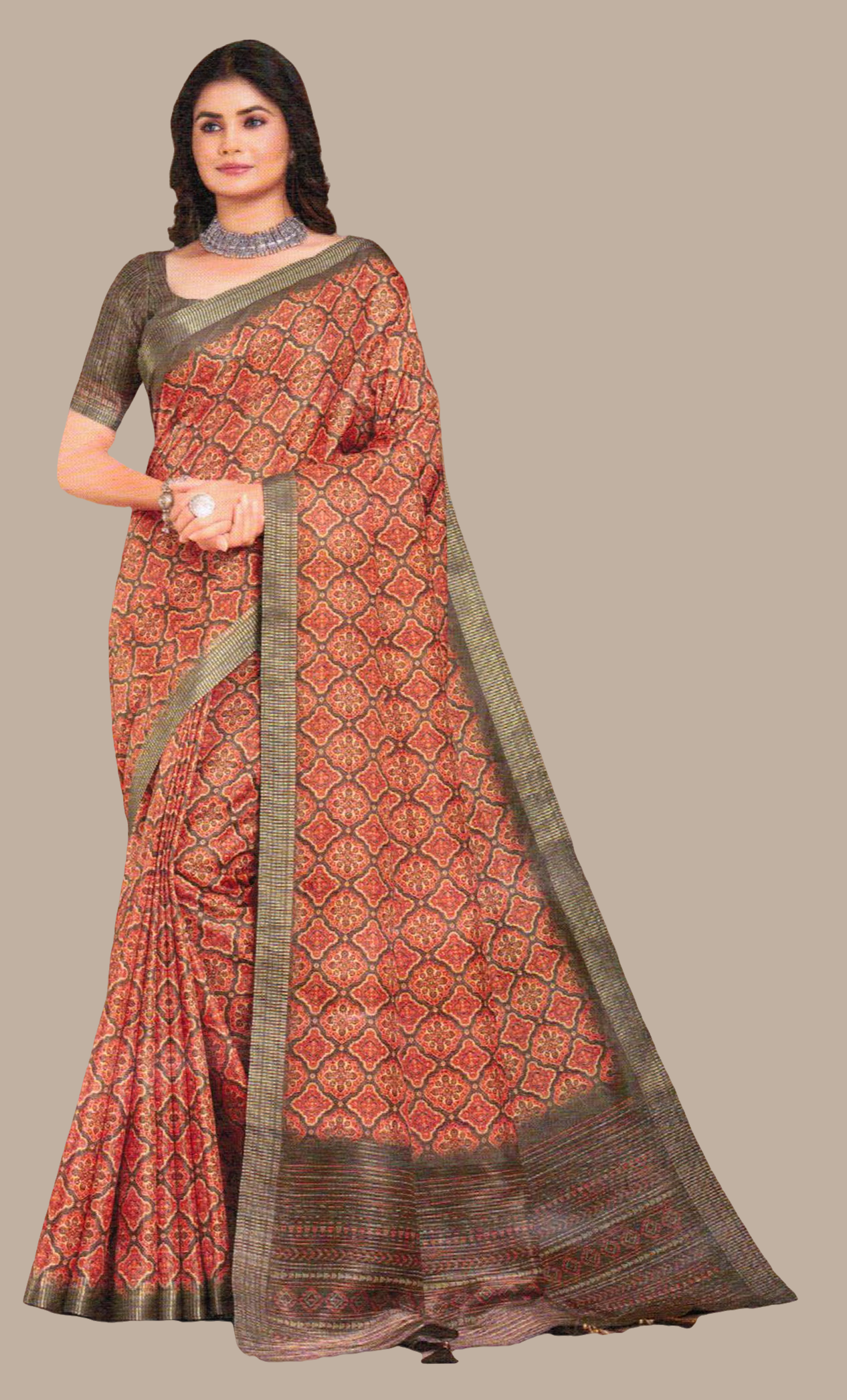 Dark Olive Printed Sari