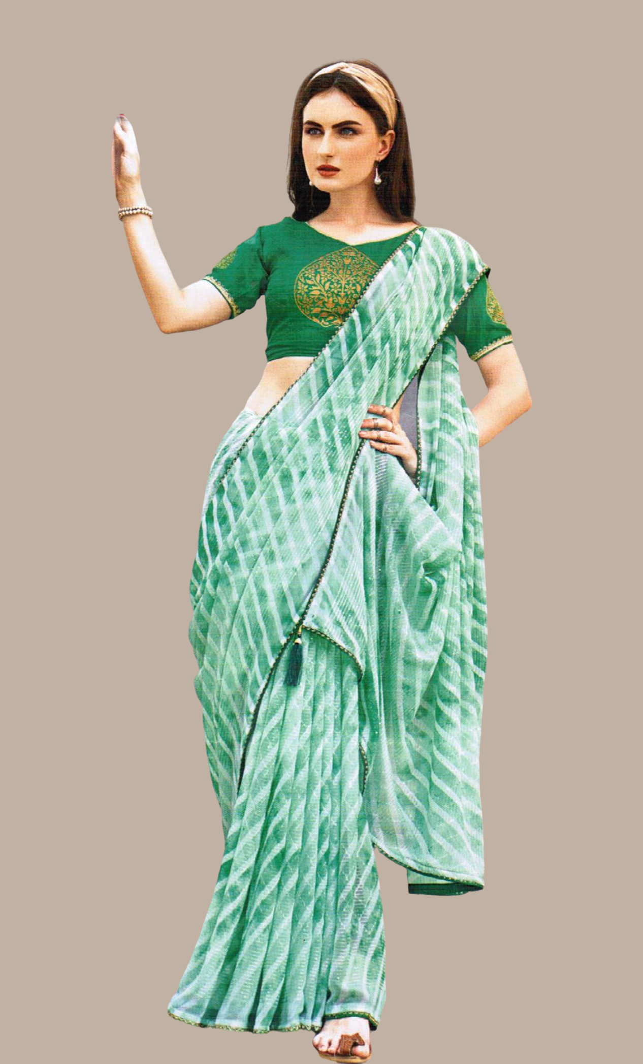 Green Striped Printed Sari