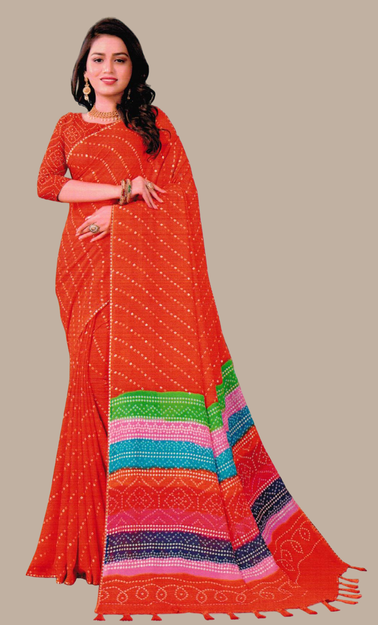 Deep Orange Bandhani Printed Sari