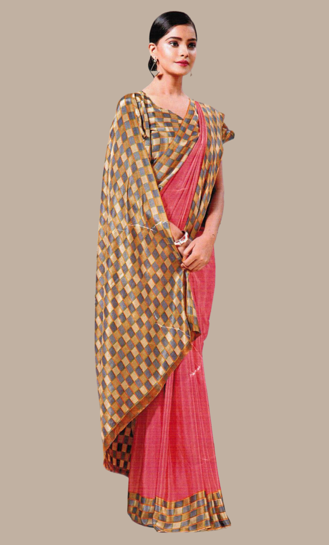 Deep Salmon Pink Printed Sari