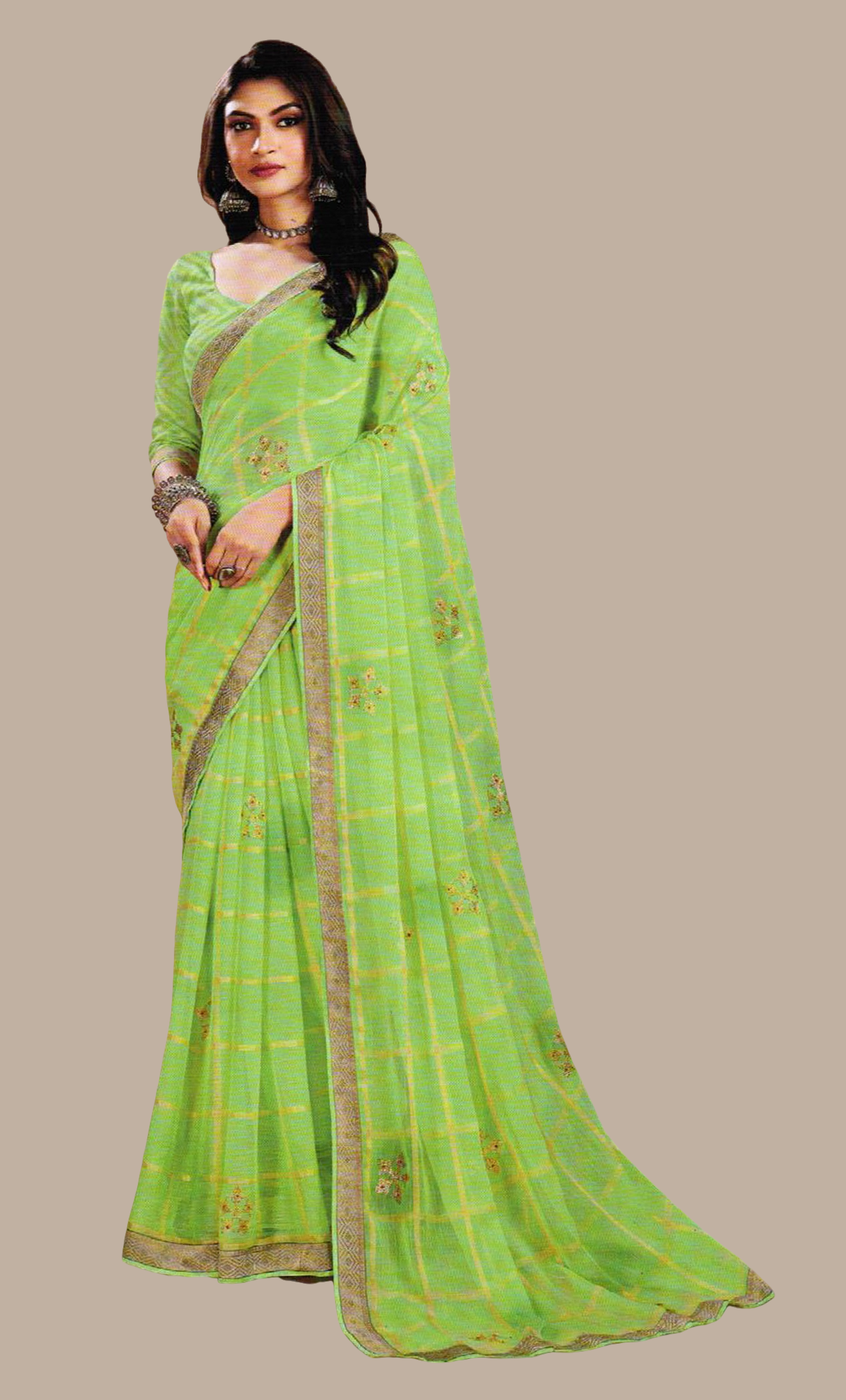 Lime Green Embroidered Sari