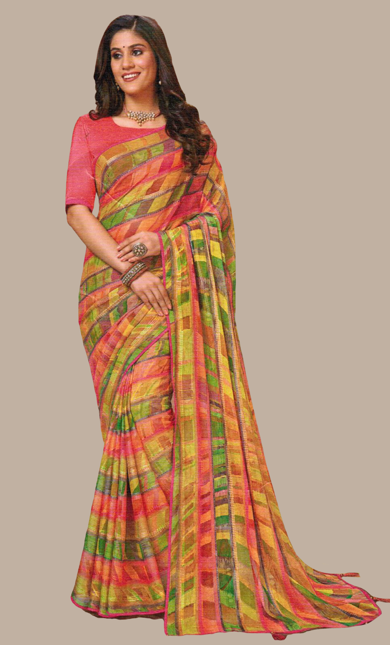 Deep Pink Printed Sari