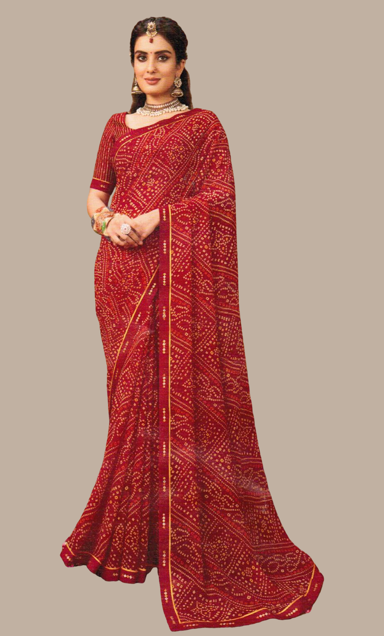 Maroon Bandhani Printed Sari