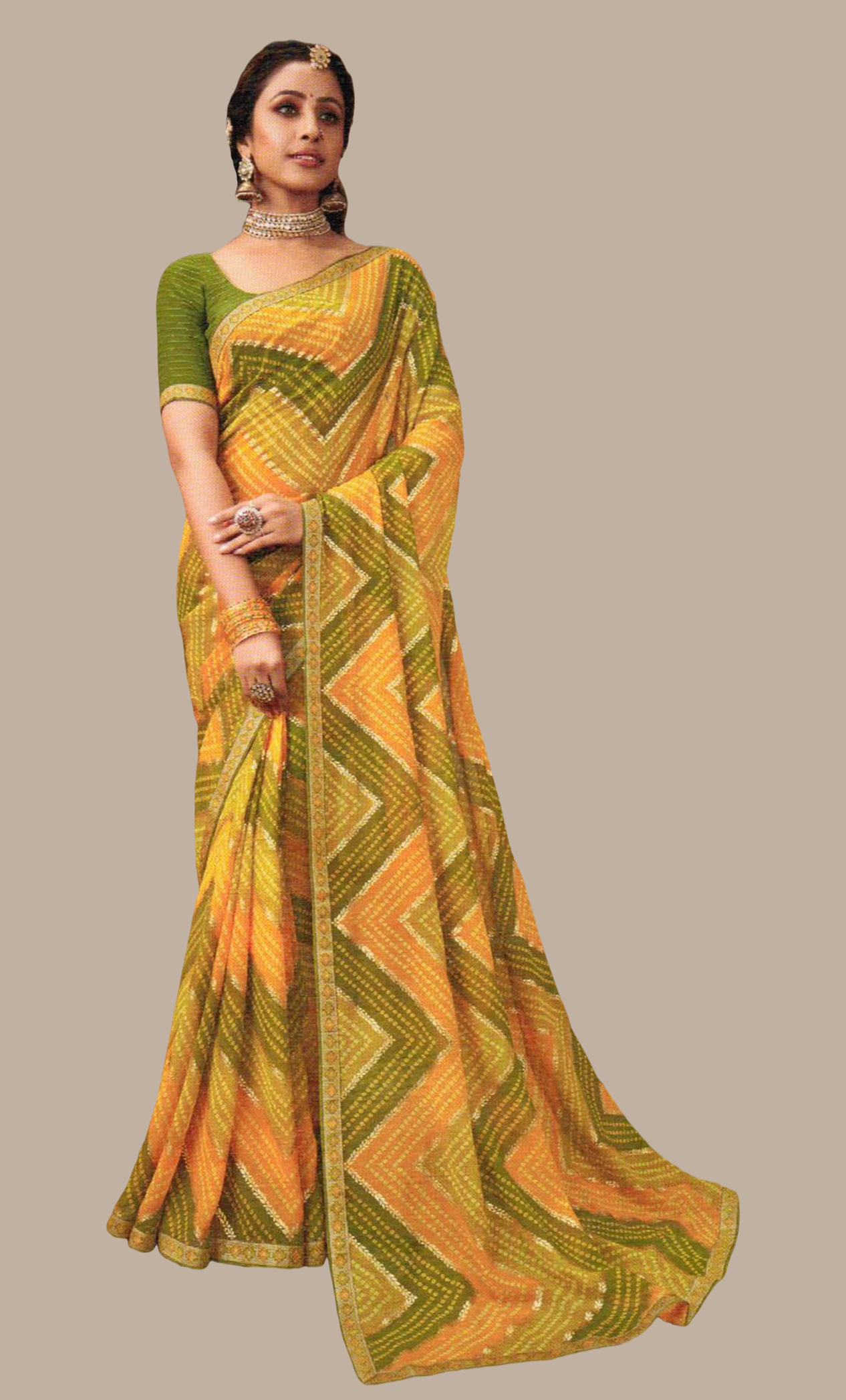 Olive Bandhani Printed Sari