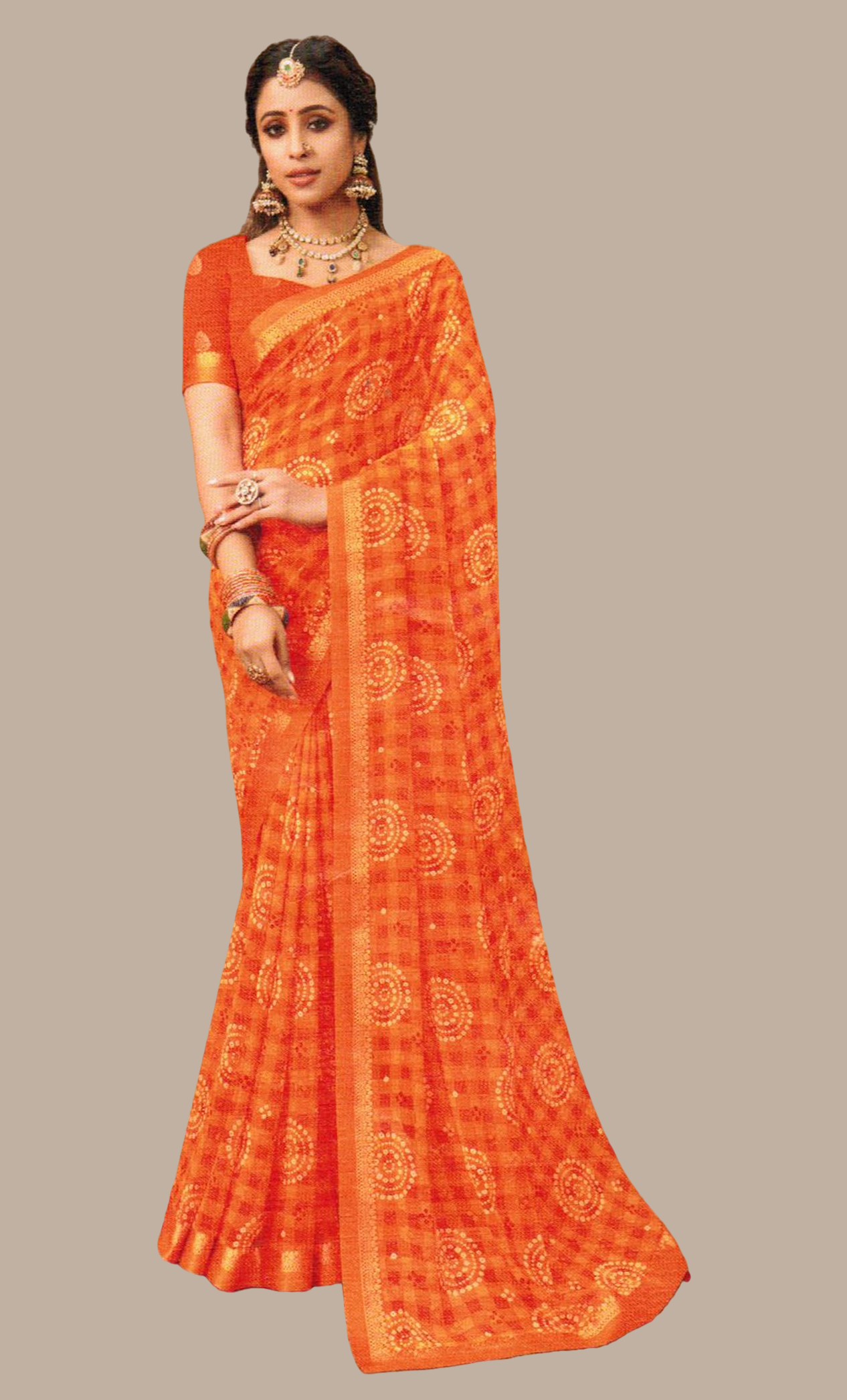 Deep Orange Bandhani Printed Sari