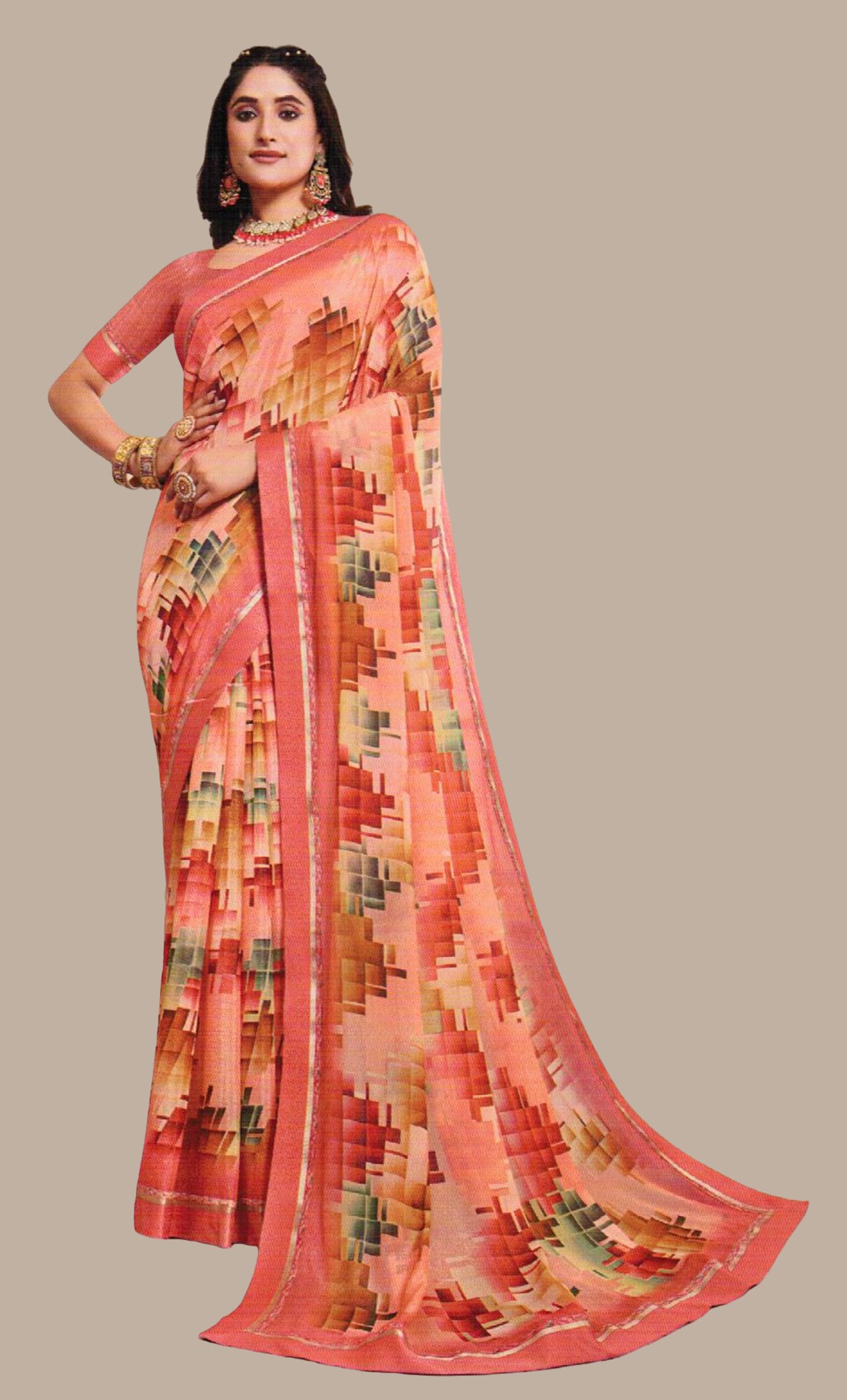 Deep Peach Printed Sari