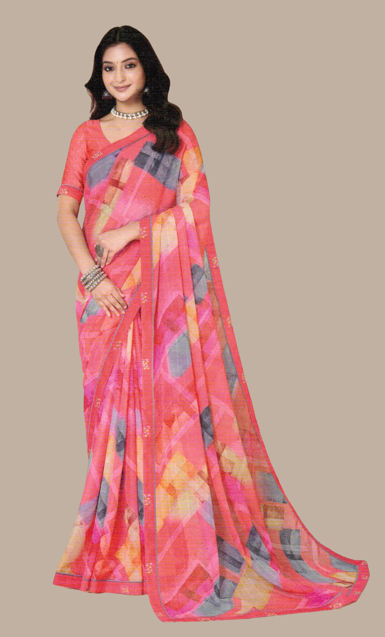 Coral Printed Sari