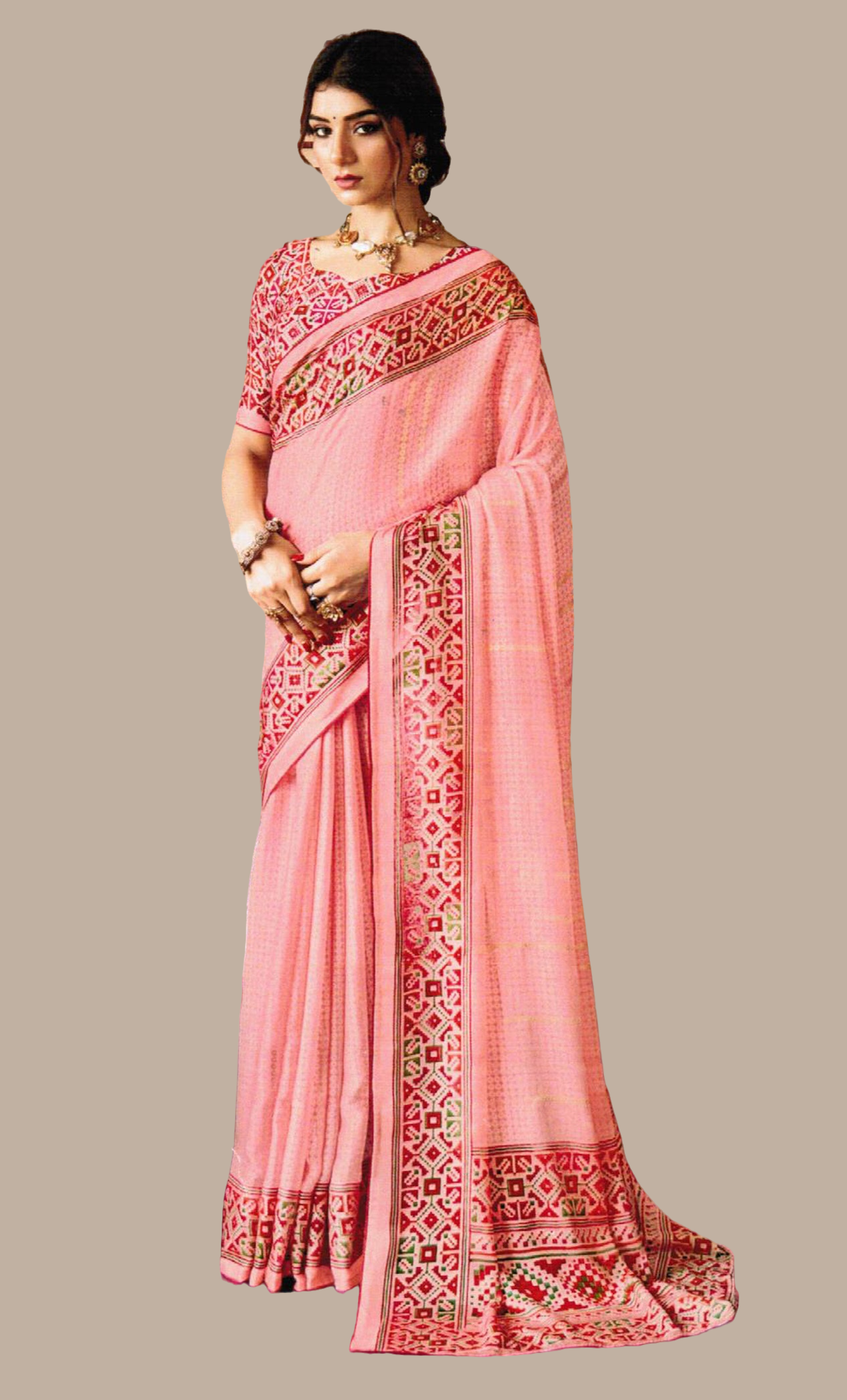 Salmon Pink Embroidered Sari