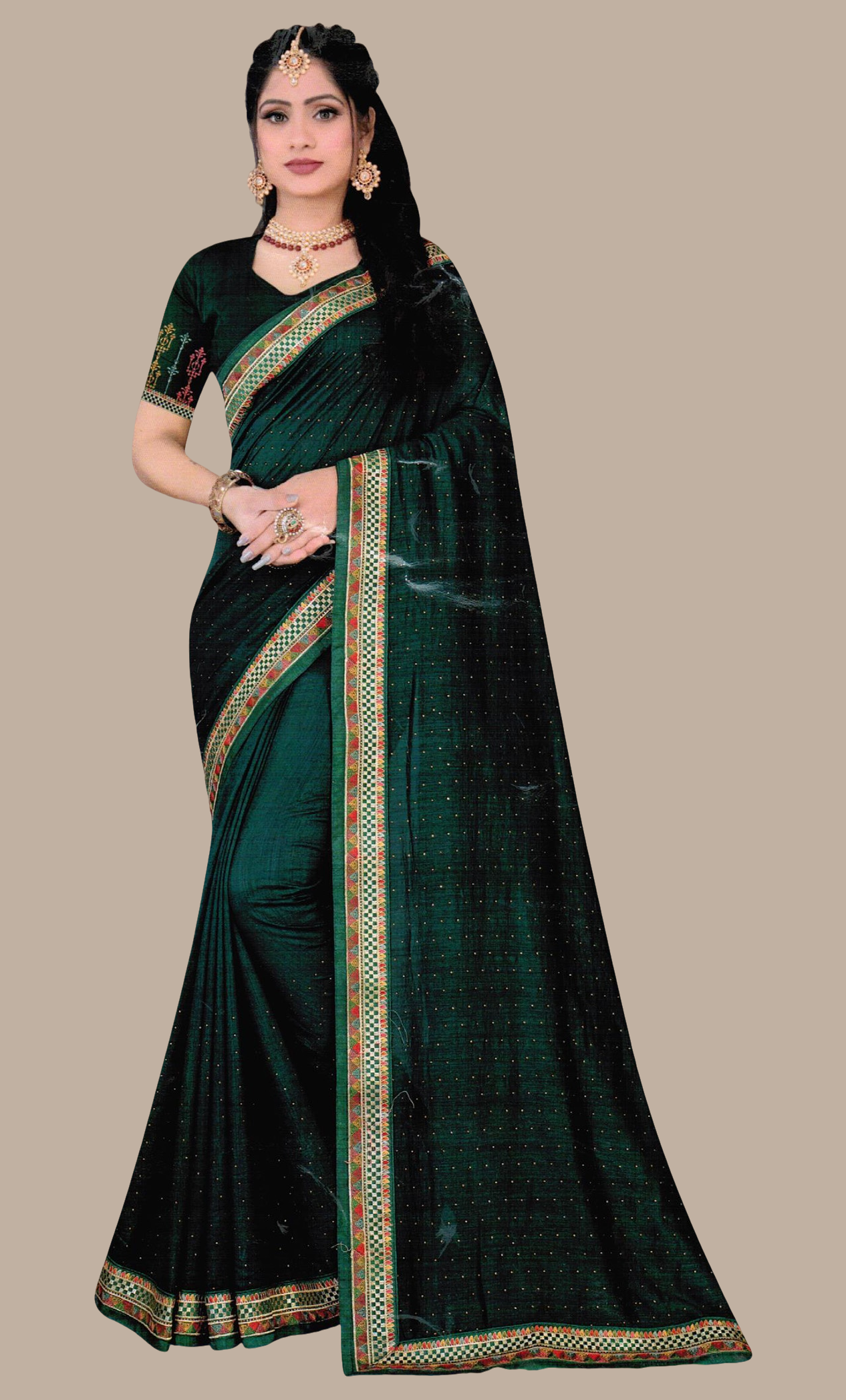 Bottle Green Embroidered Sari