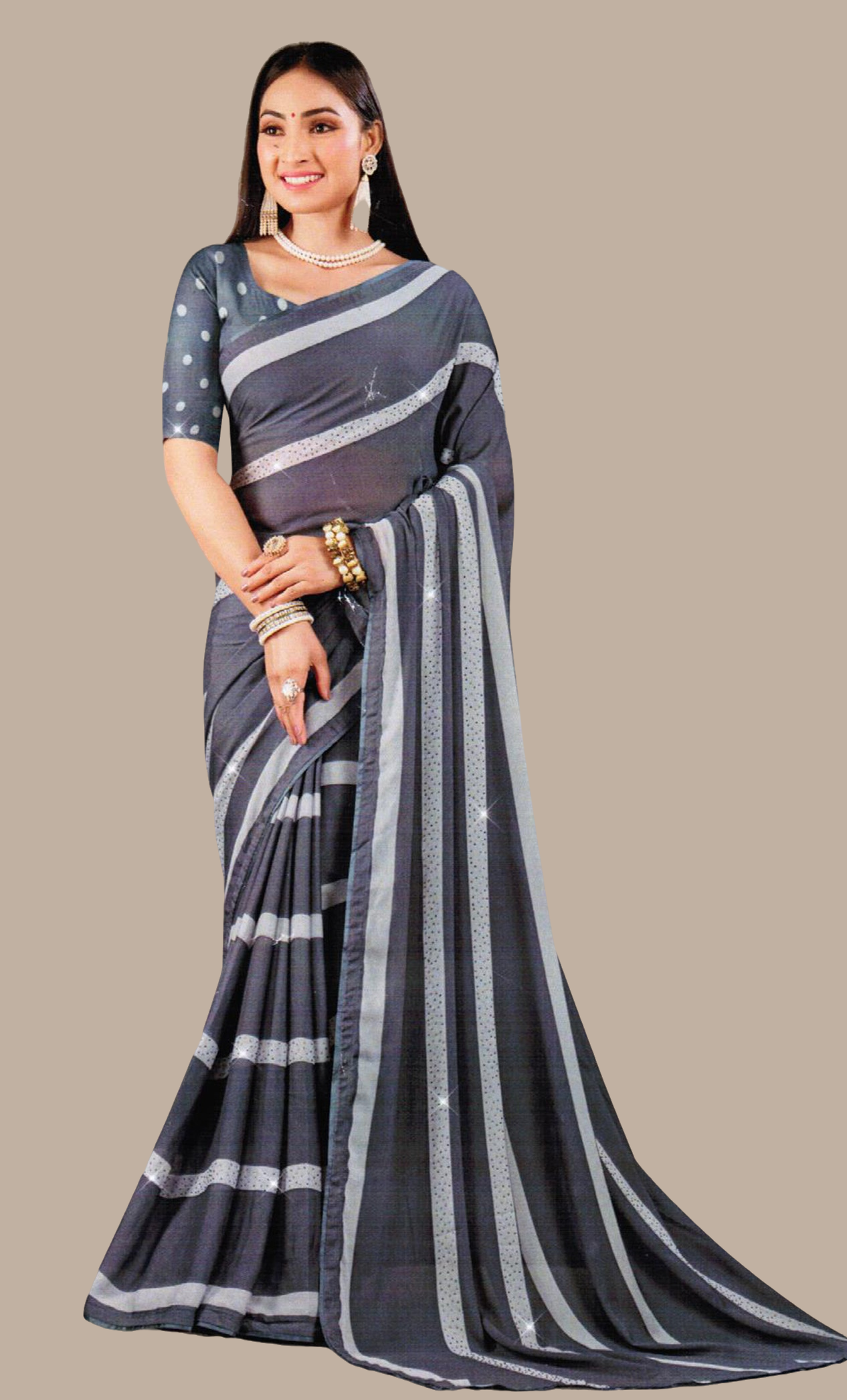 Deep Grey Printed Sari