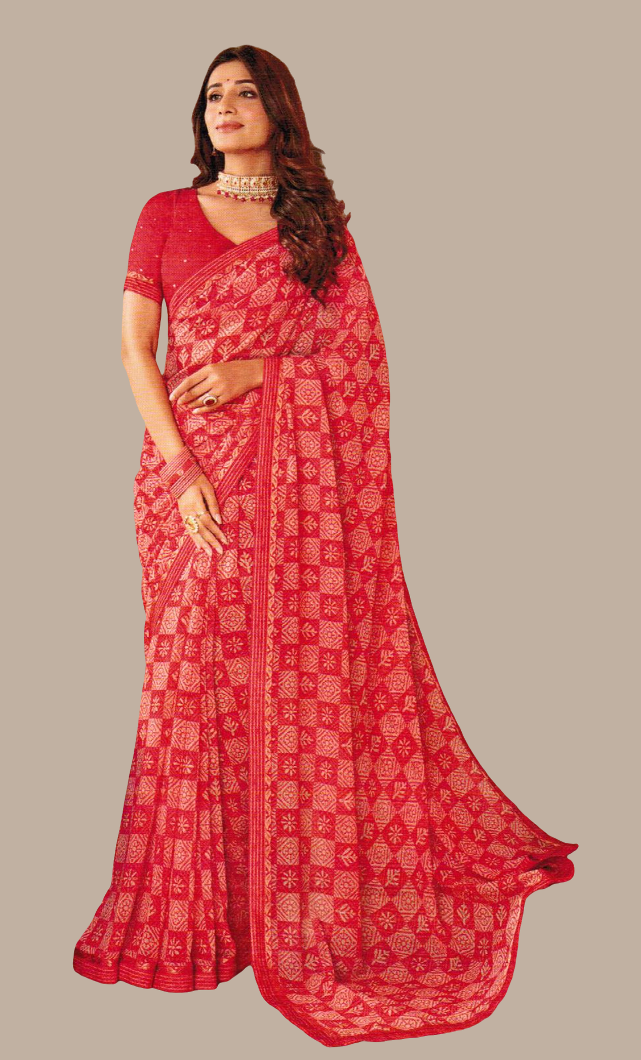 Coral Printed Sari