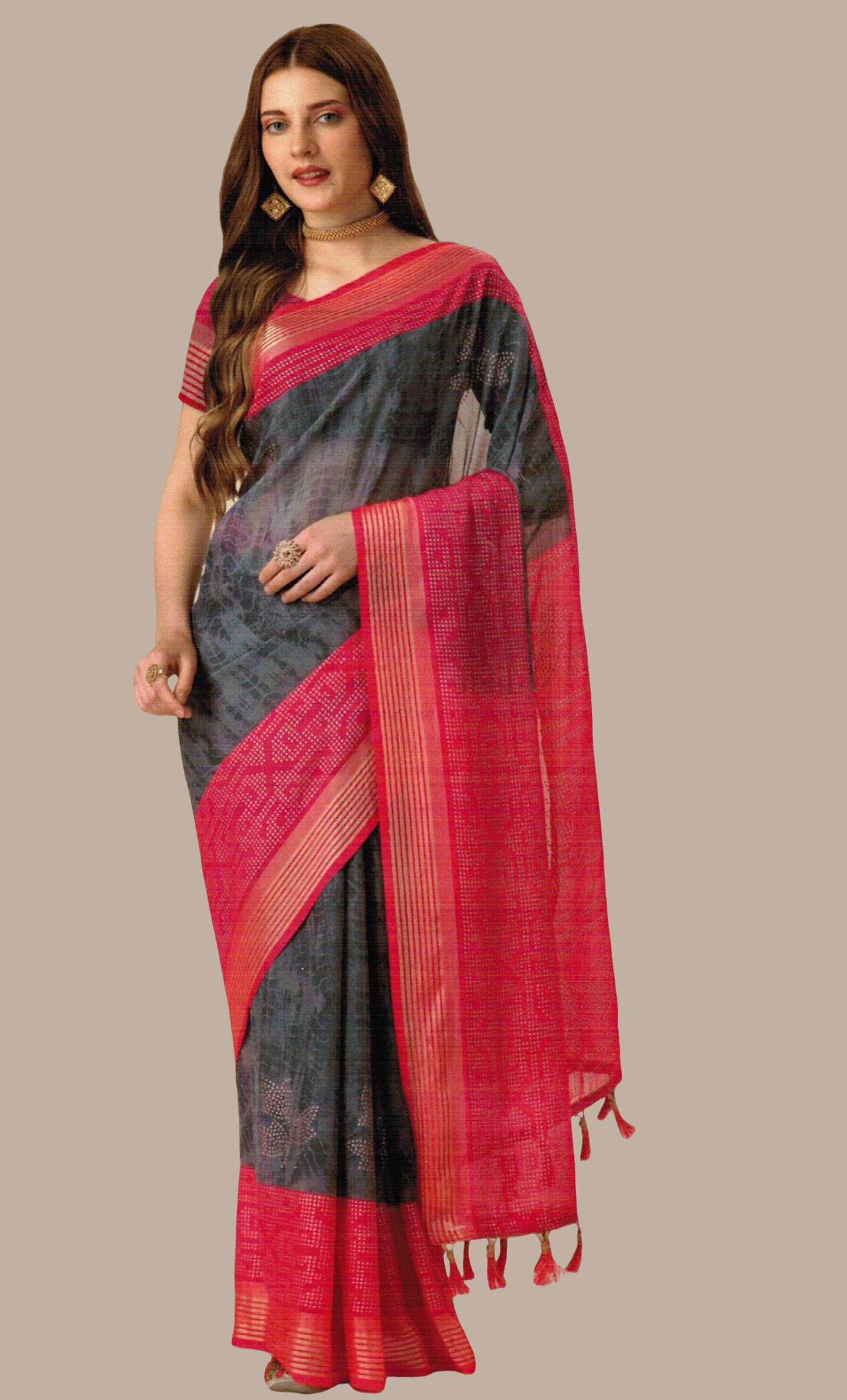 Deep Grey Printed Sari