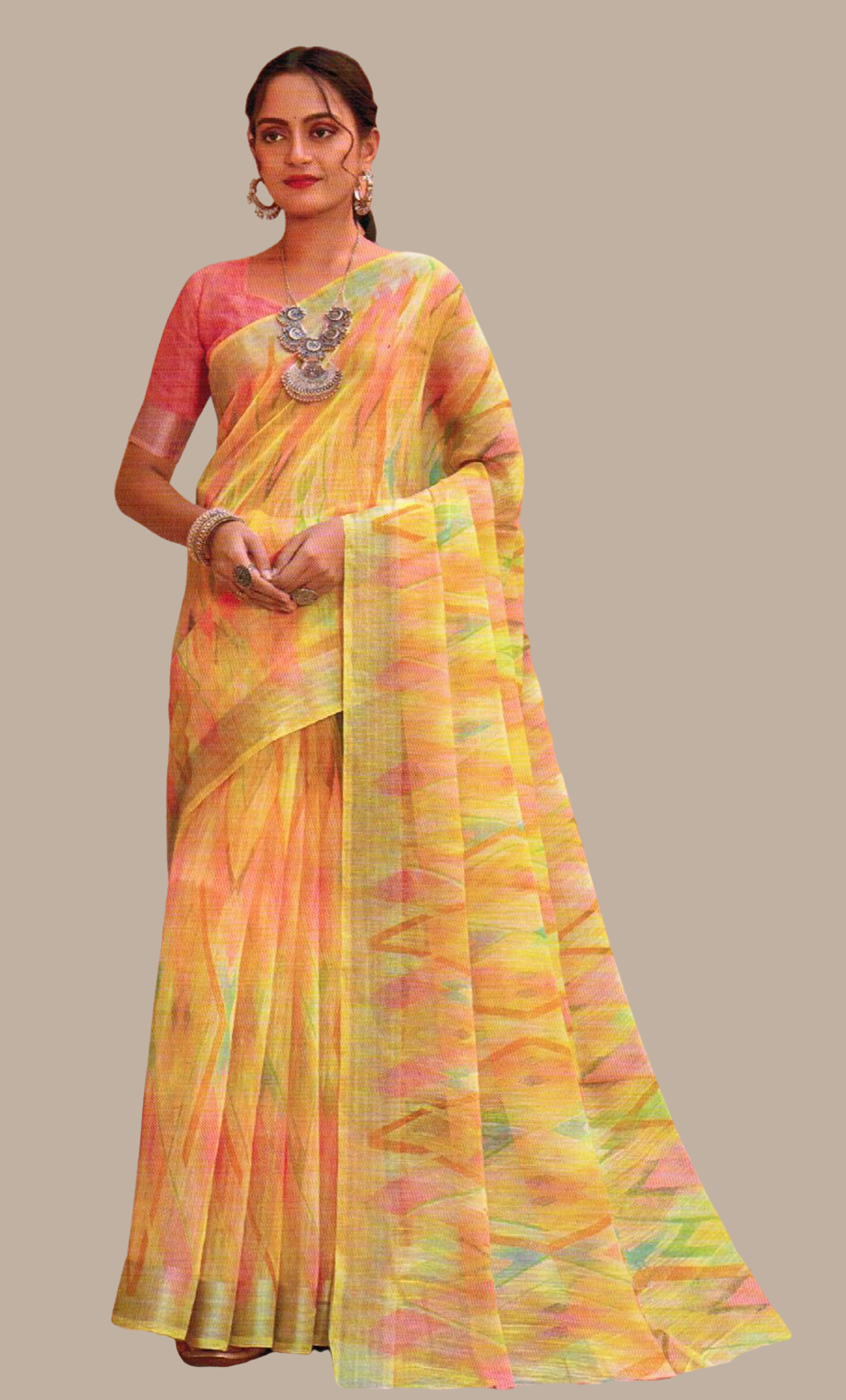 Lemon Printed Jute Sari