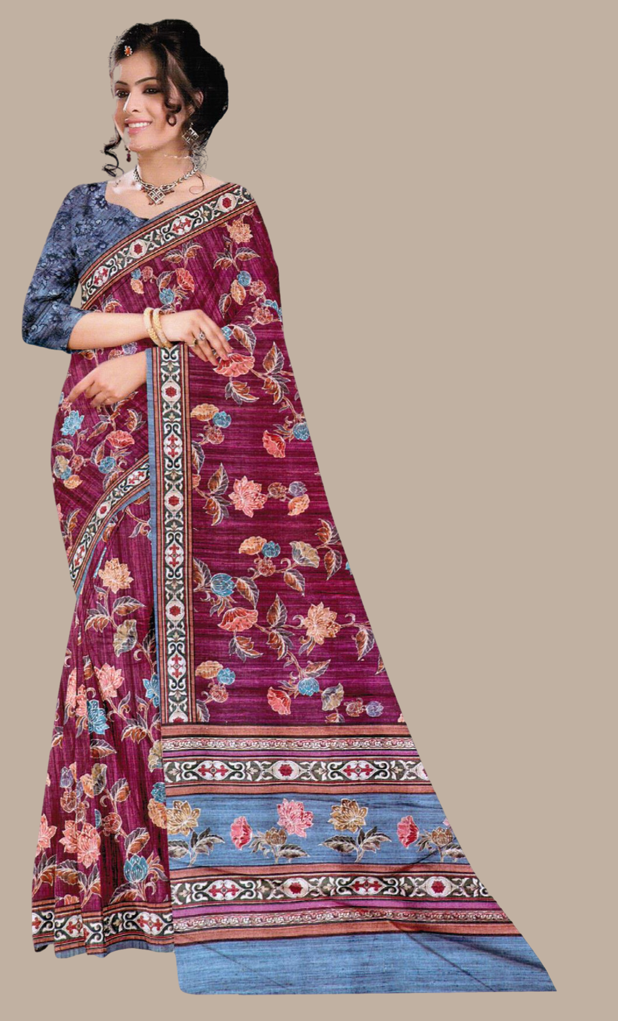 Plum Floral Printed Sari