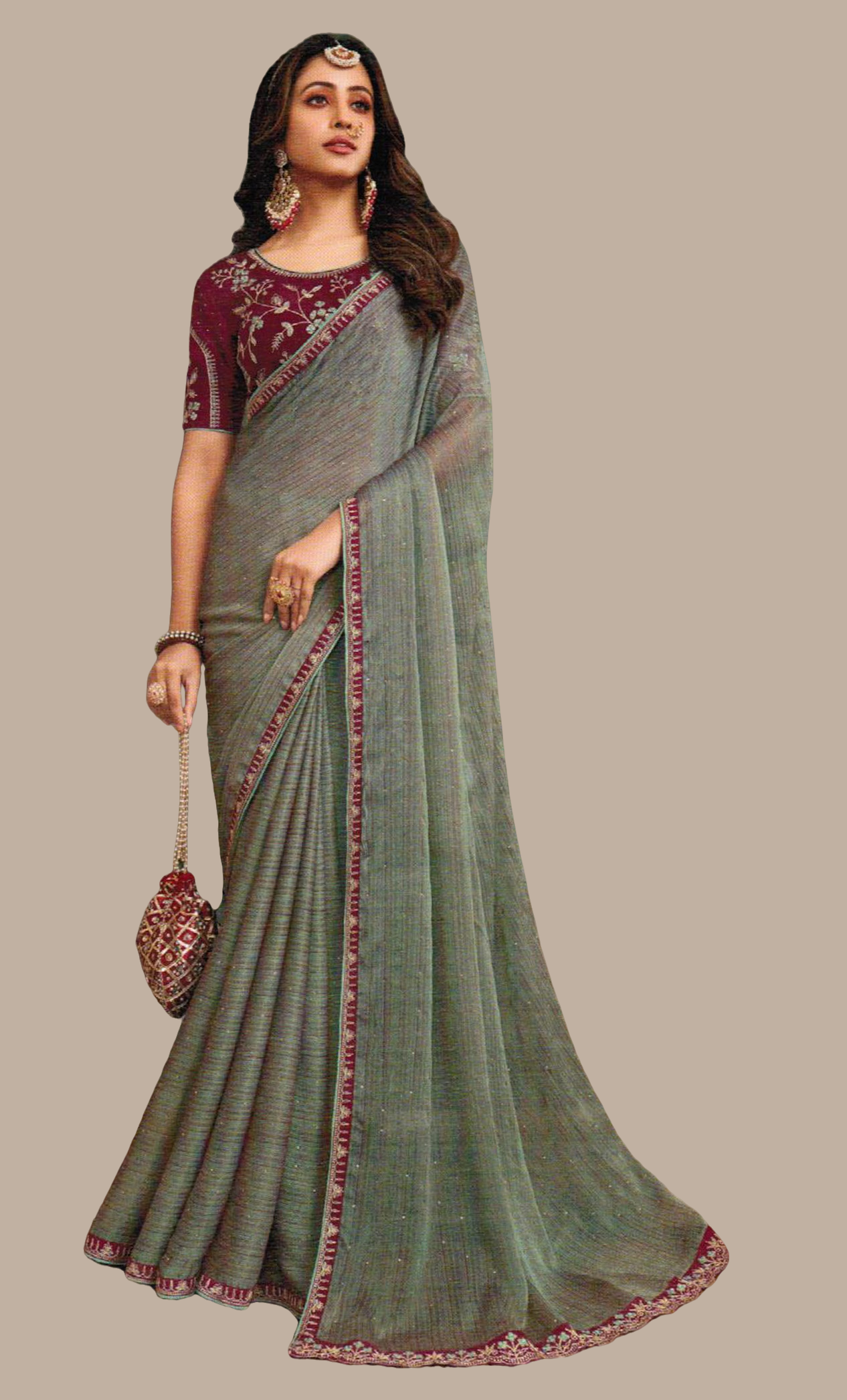 Pale Olive Embroidered Sari