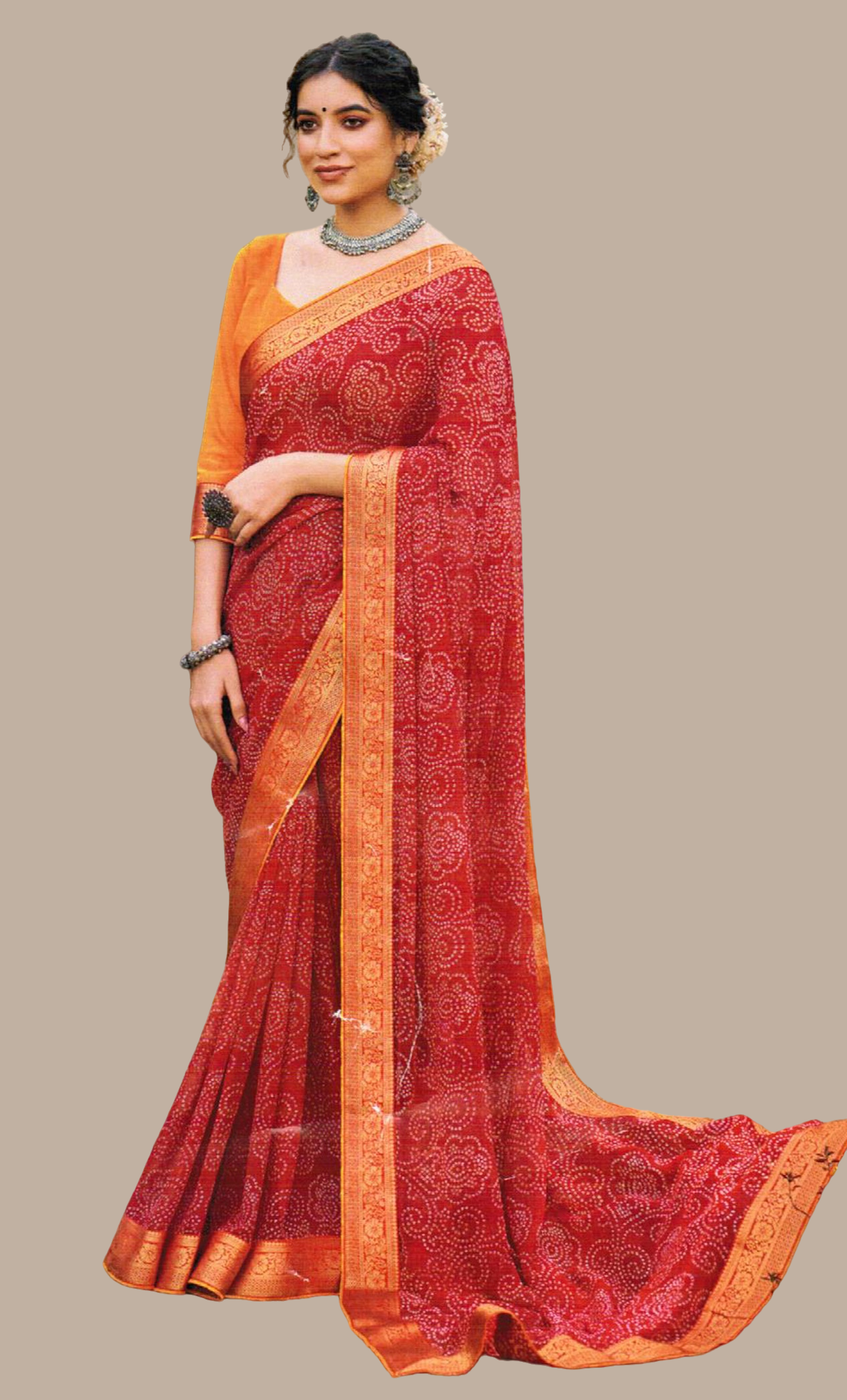 Maroon Bandhani Printed Sari