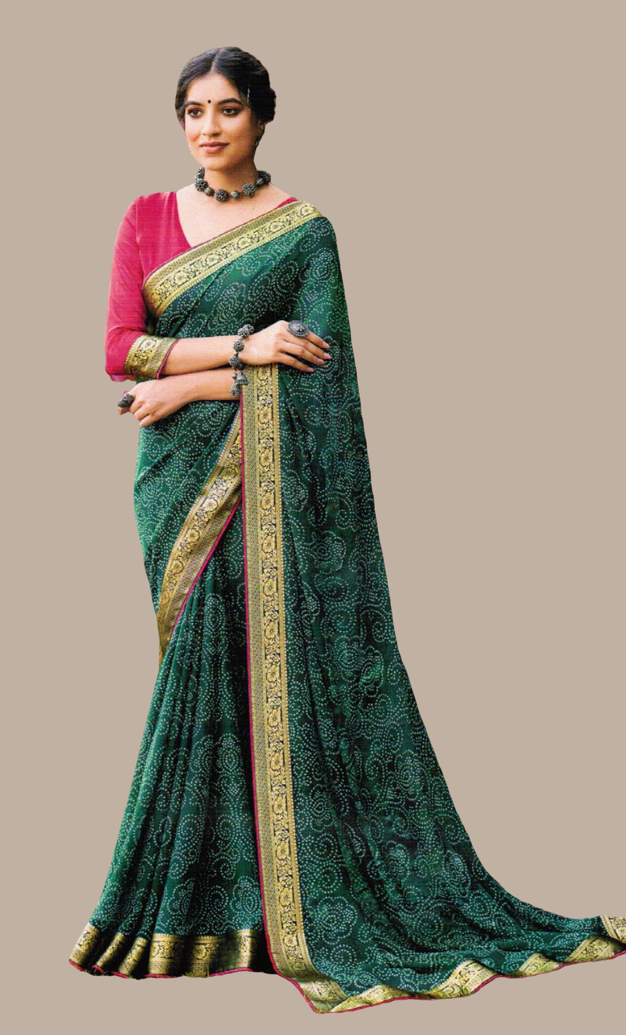 Dark Green Bandhani Printed Sari