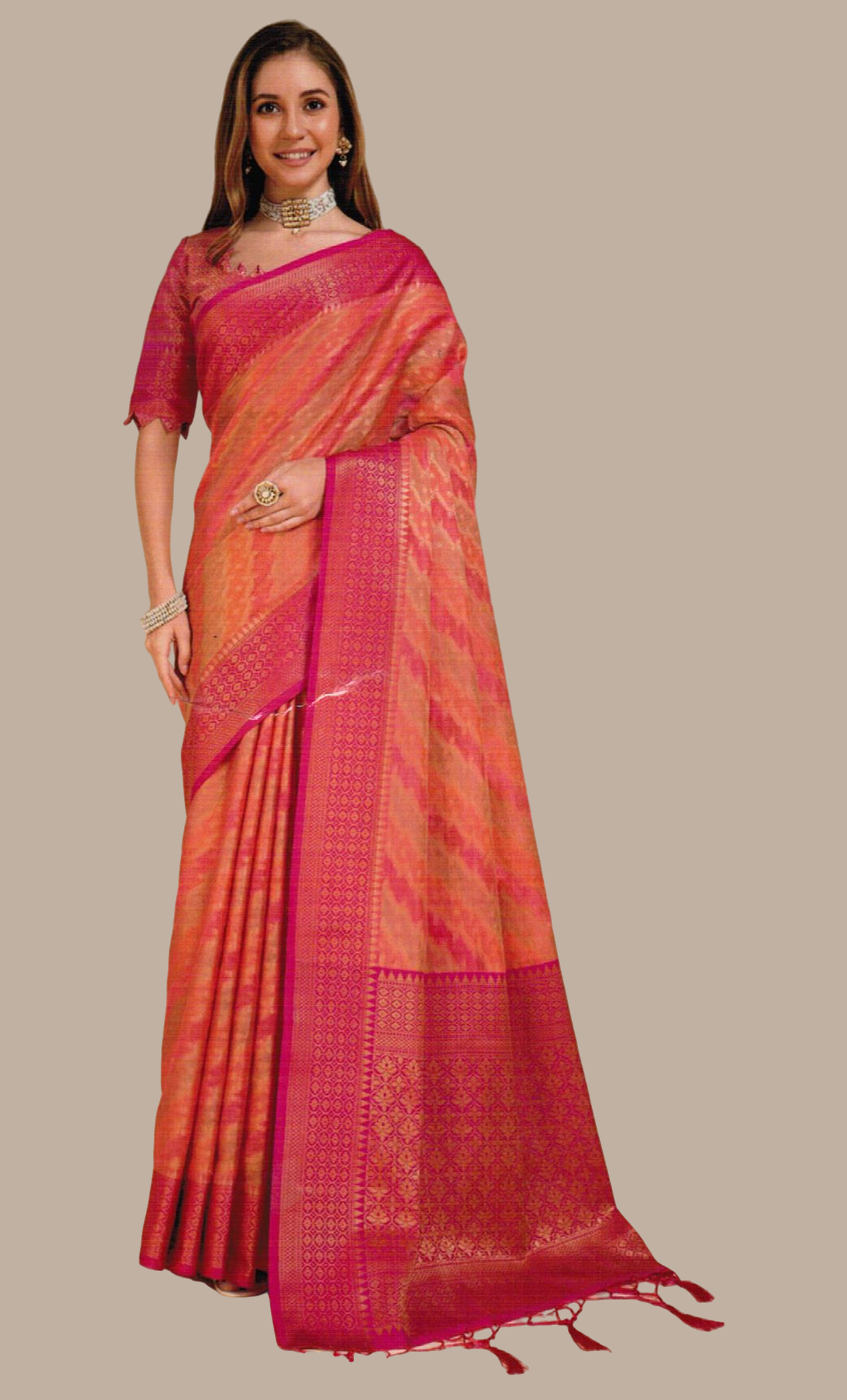 Salmon Pink Woven Sari