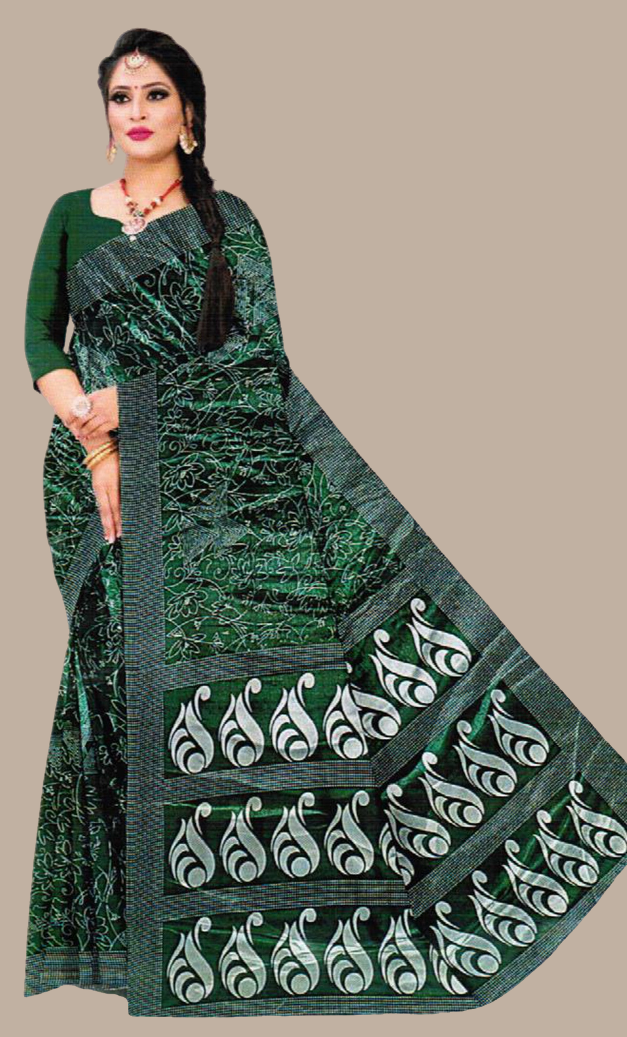 Dark Green Printed Sari