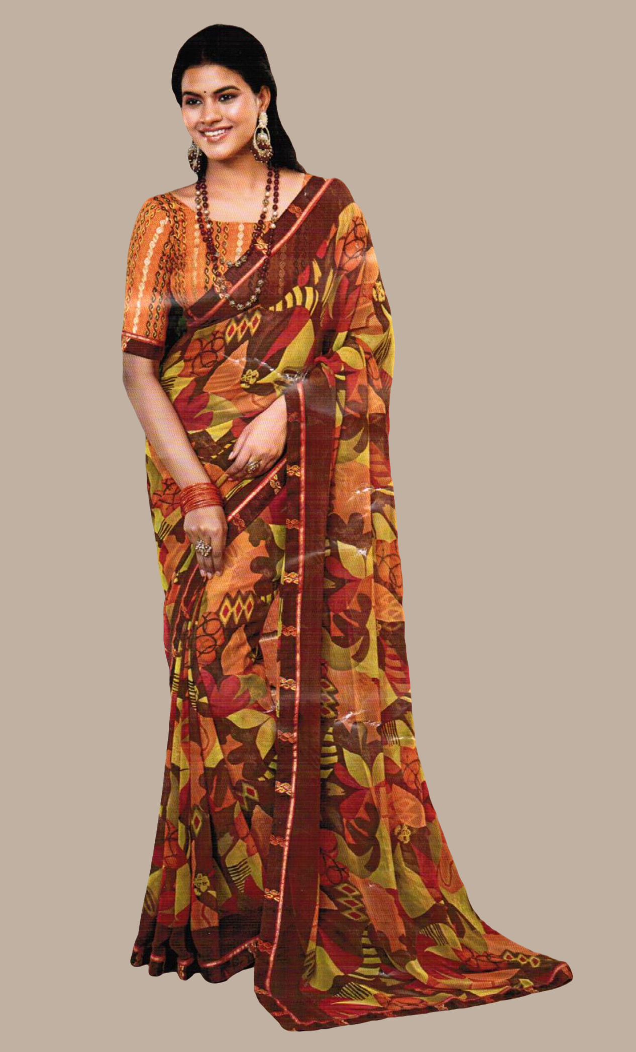 Brown Printed Sari