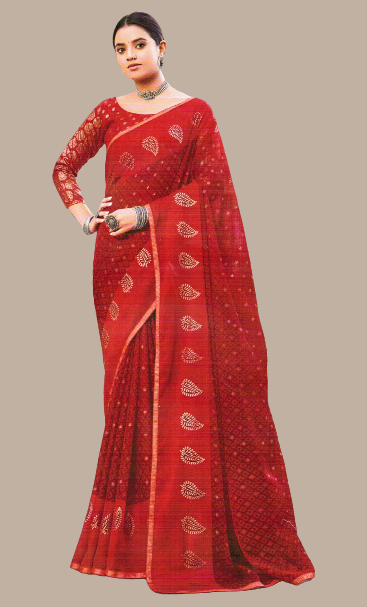 Deep Red Printed Sari