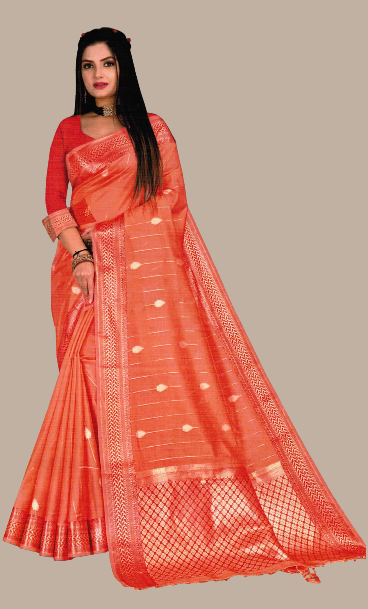 Deep Peach Embroidered Sari