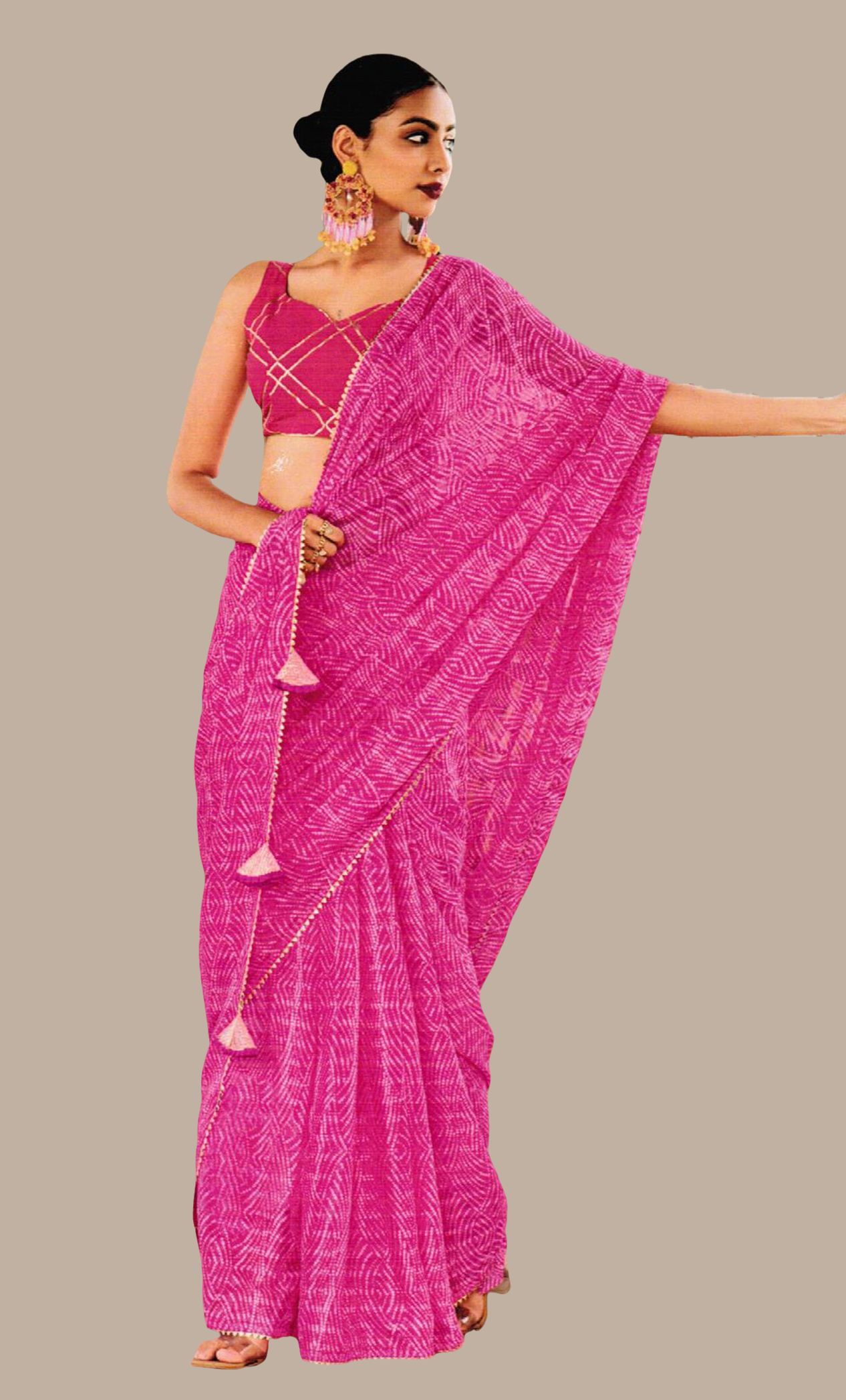 Spicy Pink Bandhani Printed Sari