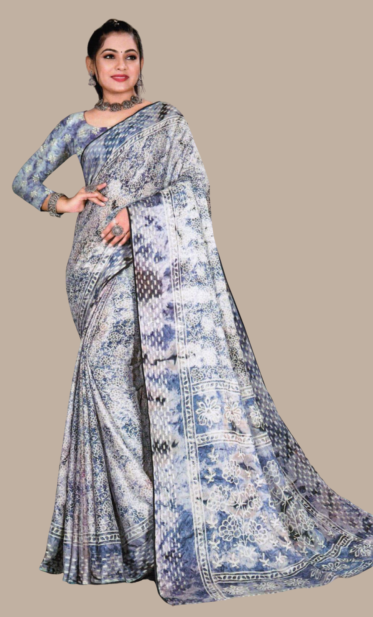 Stone Blue Printed Sari